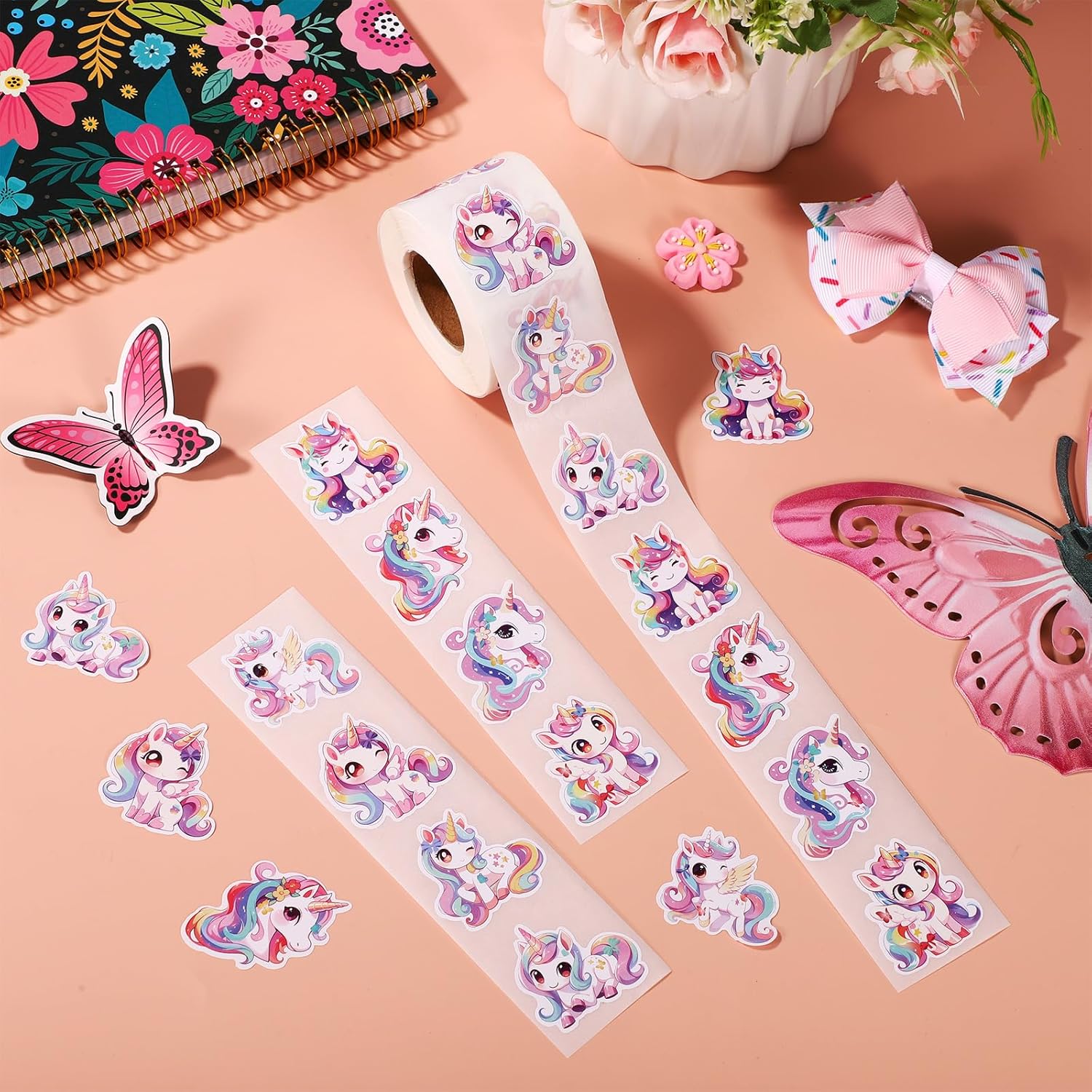 500pcs Unicorn Stickers Roll, Cute Cartoon DIY Craft Labels Self-Adhesive Unicorn Decals for Water Bottles, Laptop, Luggage, Scrapbook, Envelope Seals, Party Office Supplies (8 Designs)