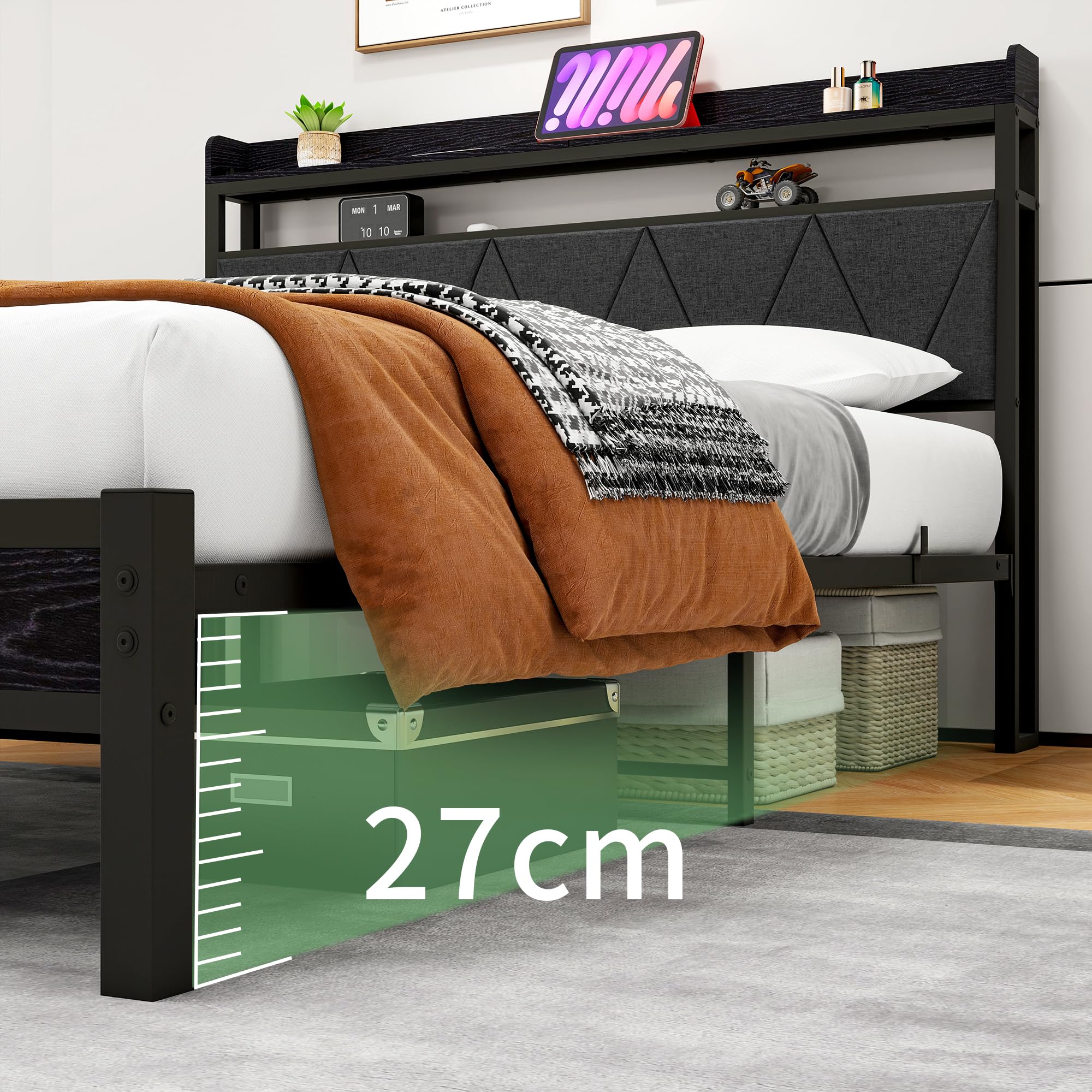 Struttura Letto Matrimoniale In Metallo Con Testiera Imbottita – Luci LED RGB, Porte USB E Prese, Ripiani, Nero, Fino A 408 Kg