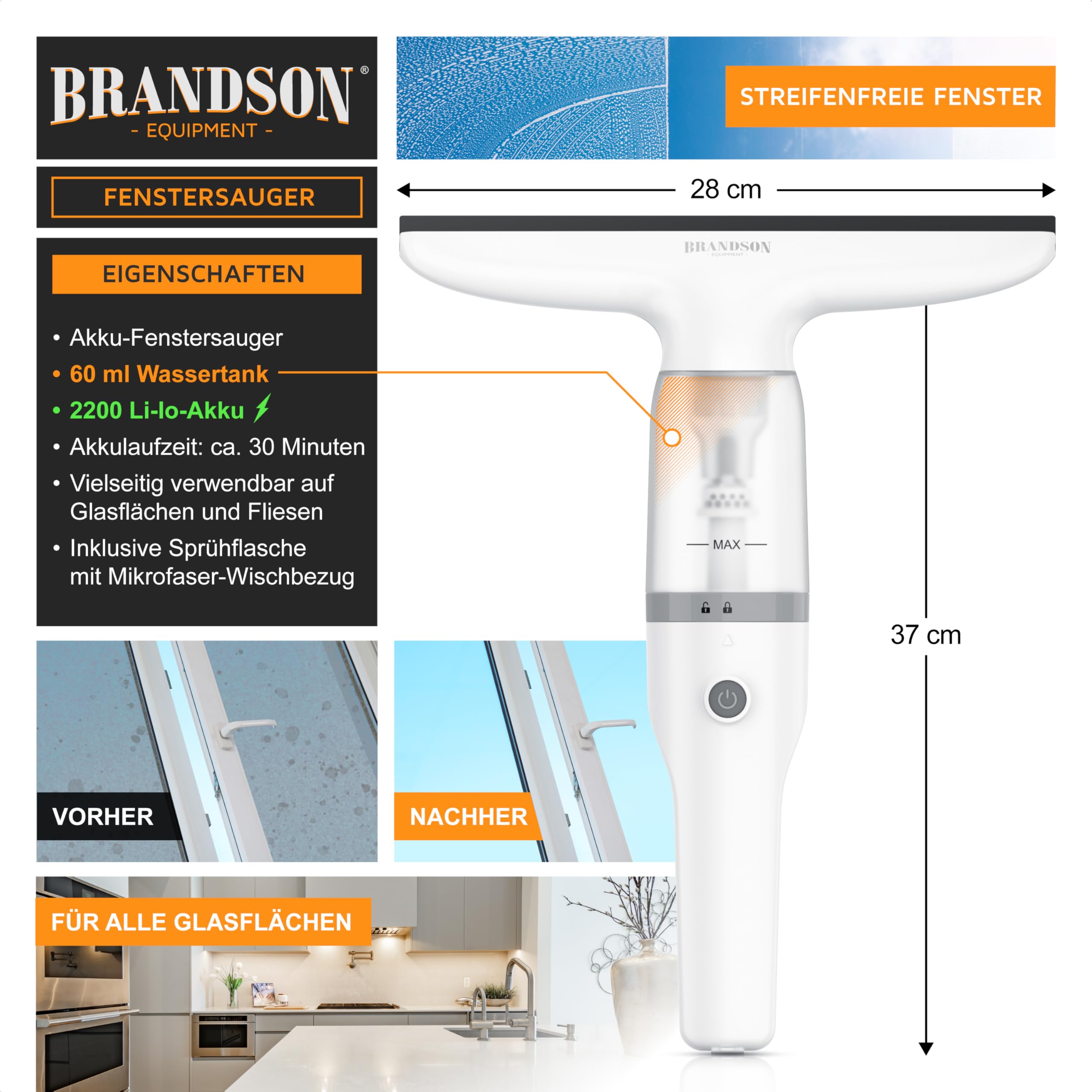 Brandson - Akku Fenstersauger kabellos – Fensterreiniger elektrisch 2200 mAh Li-Io-Akku – Laufzeit ca. 30 min. – 28 cm Saugdüse – 60 ml Wassertank – inkl. Sprühflasche