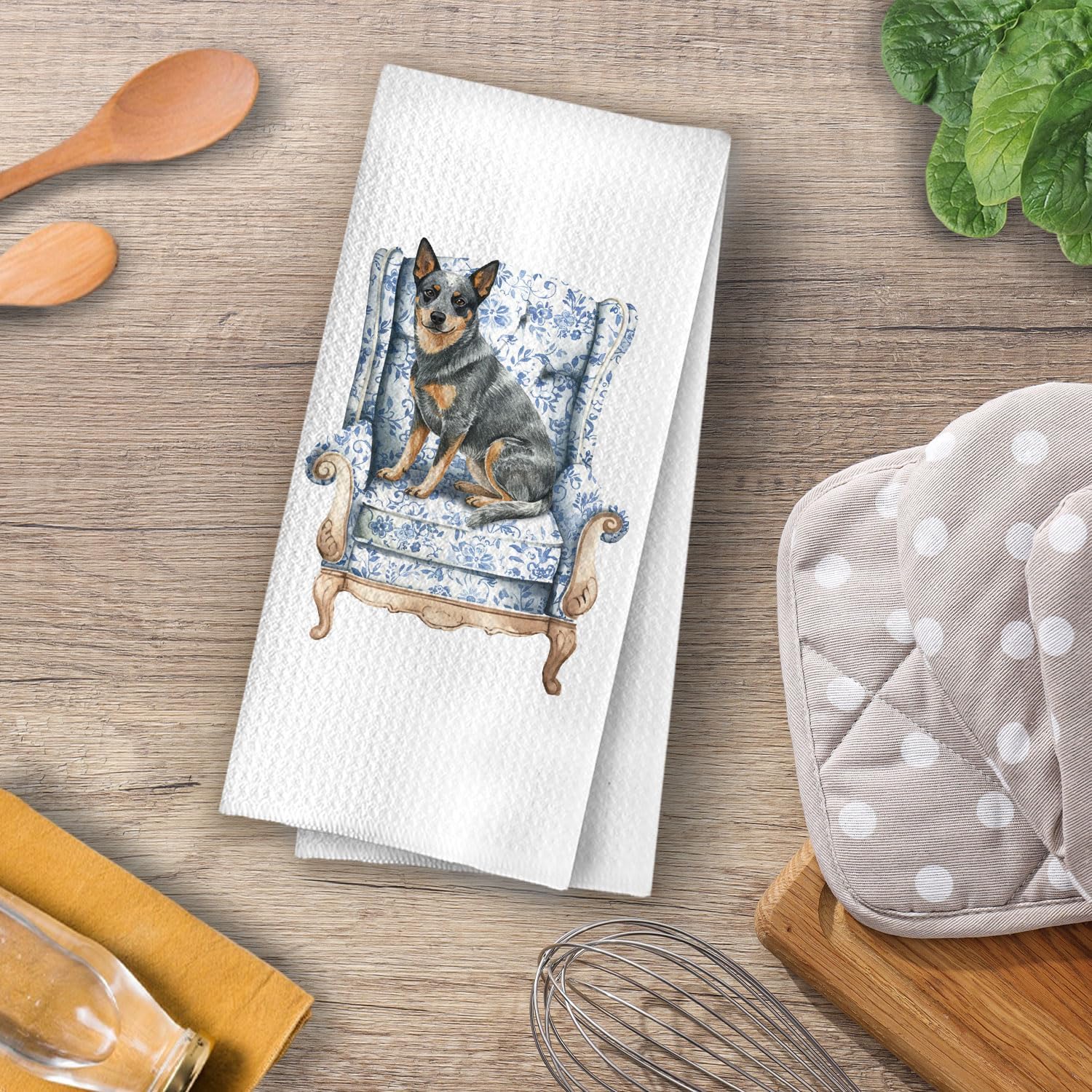 Australian Cattle Grandmillennial Towel - Australian Cattle Chinoiserie Decorative Waffle Dish Towels, Blue and White Hand Towels, Dog Tea Towel for Kitchen, 16x24 Inch