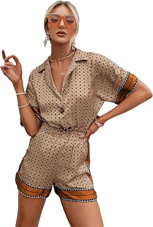 OYOANGLE Women's 2-Piece Satin Lounge Set - Lace Trim Short Sleeve Top & Pants Pajama Set (Spring/Fall Sleepwear)