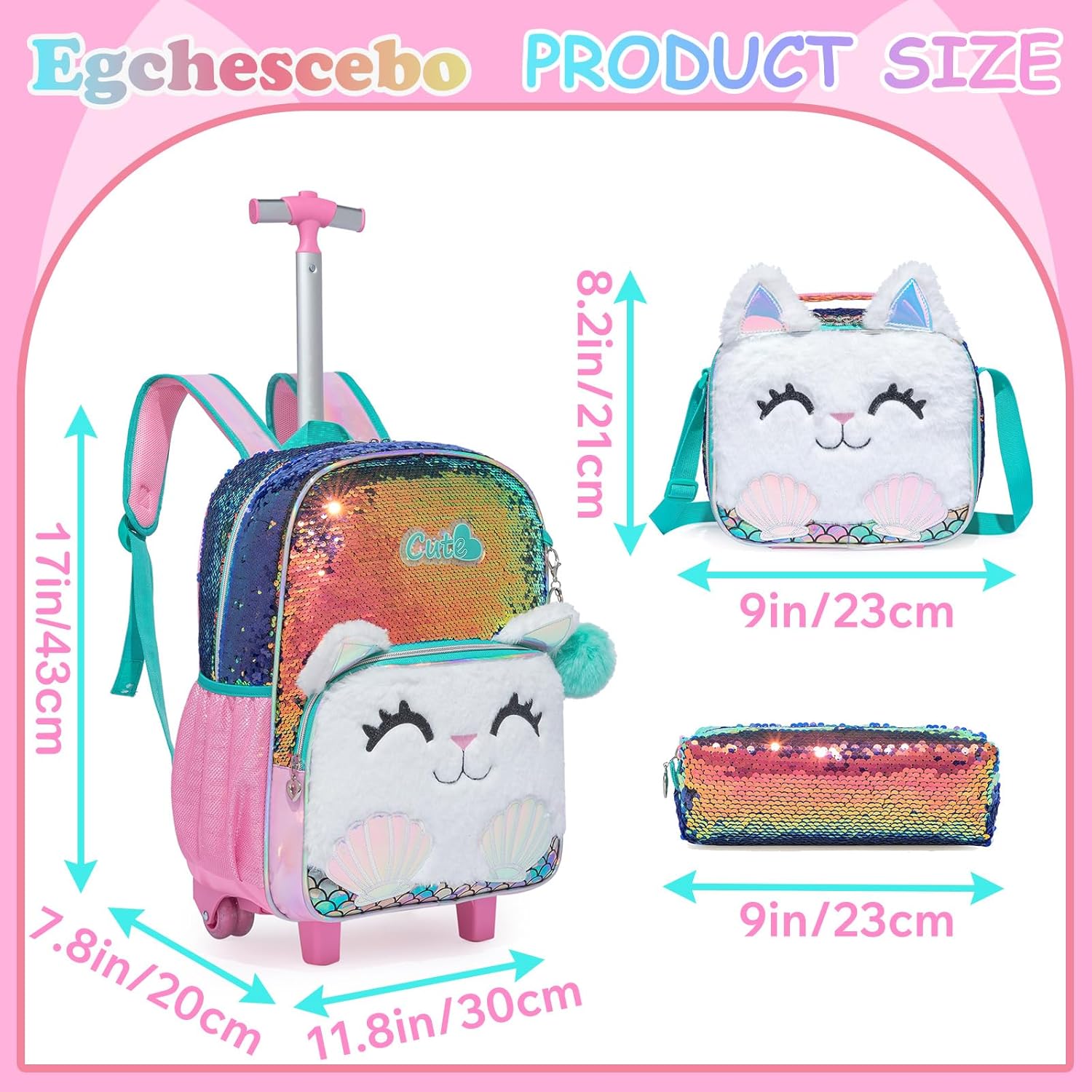 Egchescebo Kids Rolling Cats Backpack for Girls Plush Trolley Suitcases Luggage Travel with Wheels Bookbag Wheeled 17" Roller Backpacks Set Toddler Back Pack School Bags for Elementary Champagne
