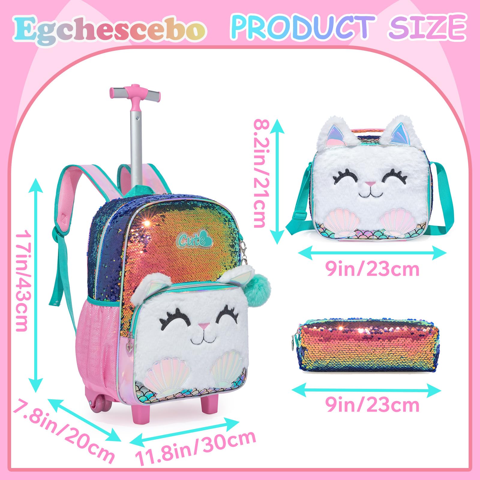 Mochilas Escolares con Gatos Ruedas Carro Niña 17" 3PCS Mochila Carrito para Trolley Escolar Bolso Viaje Estuche Stitch Mujer Maleta Colegio Grande Medianas Infantil Niñas Peluche Champán