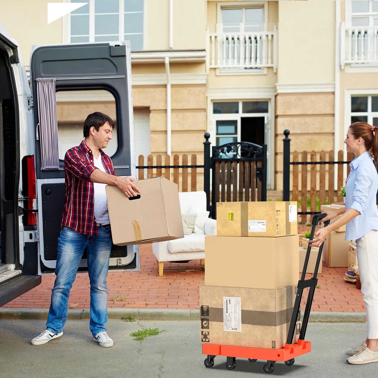 Image of a woman easily pushing the SOYO Folding Hand Truck loaded with boxes, demonstrating its utility for moving.