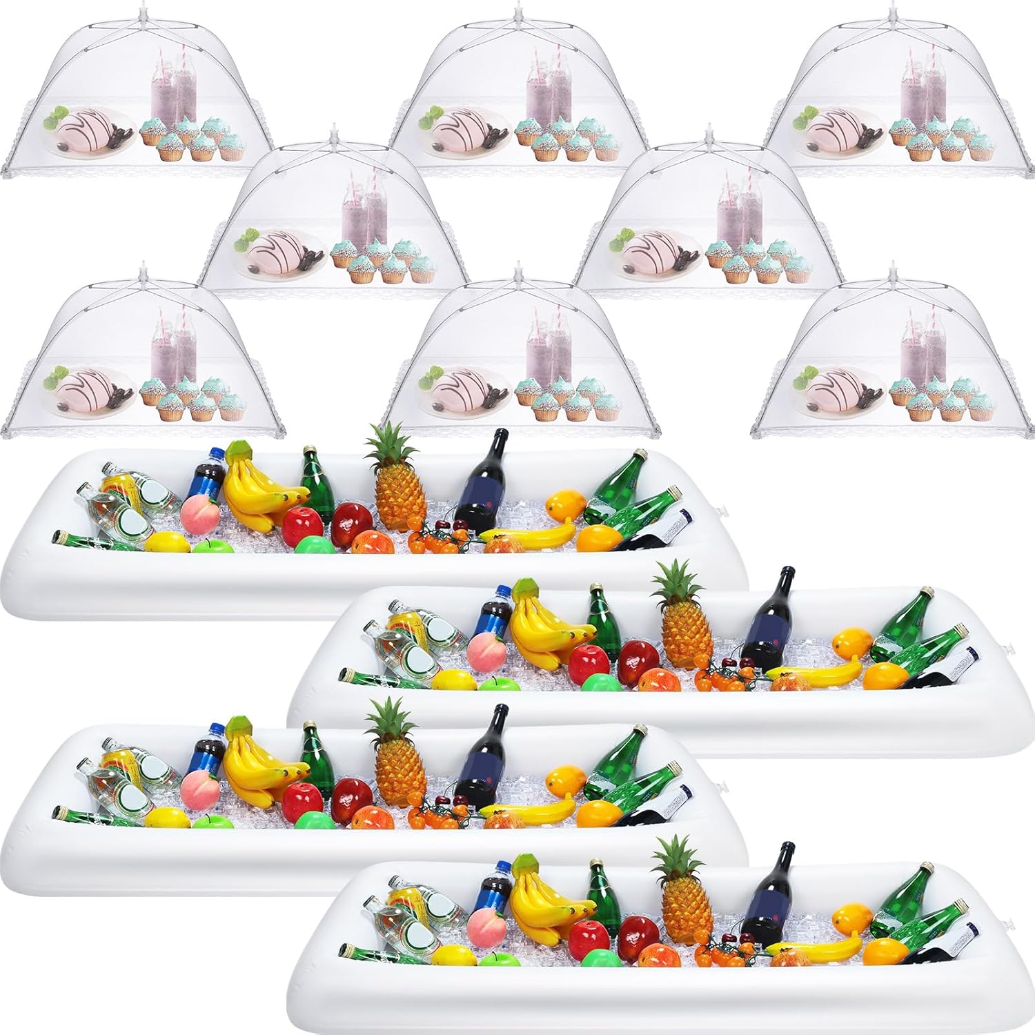Lewtemi 4 Pcs Inflatable Serving Bars and 12 Pieces Food Umbrella Mesh Cover Collapsible Food Tent Inflatable Cooler with Drain Plug Drink Salad Buffet Tray for Indoor Outdoor Party BBQ Pool (White) Lewtemi 4 Pcs Inflatable Serving Bars and 12 Pieces Food Umbrella Mesh Cover Collapsible Food Tent Inflatable Cooler with Drain Plug Drink Salad Buffet Tray for Indoor Outdoor Party BBQ Pool (White)