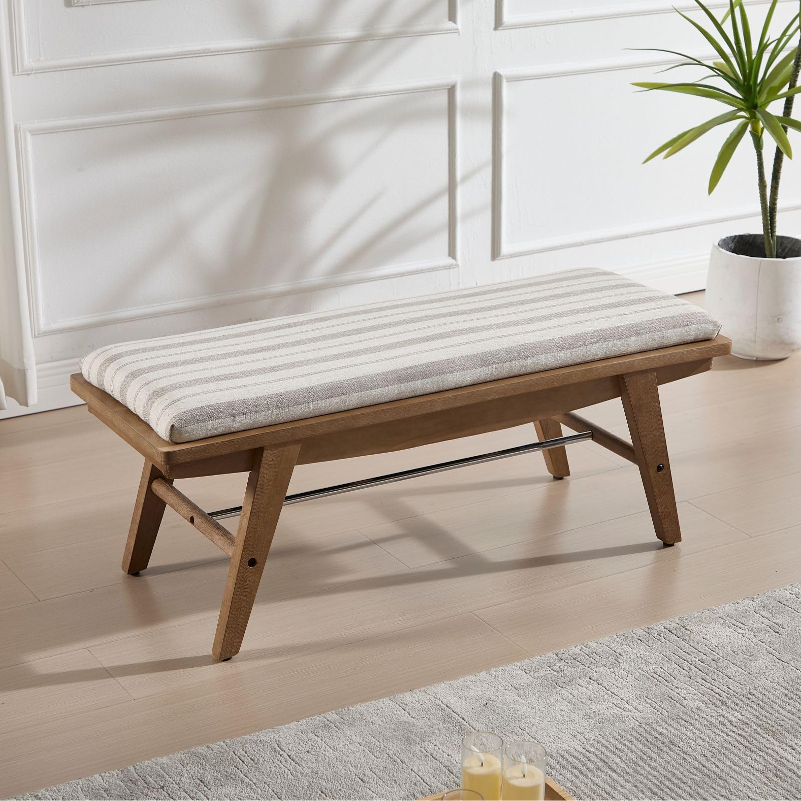 chairus Linen Upholstered Bench Seat with Wooden Legs, Stripe Printed