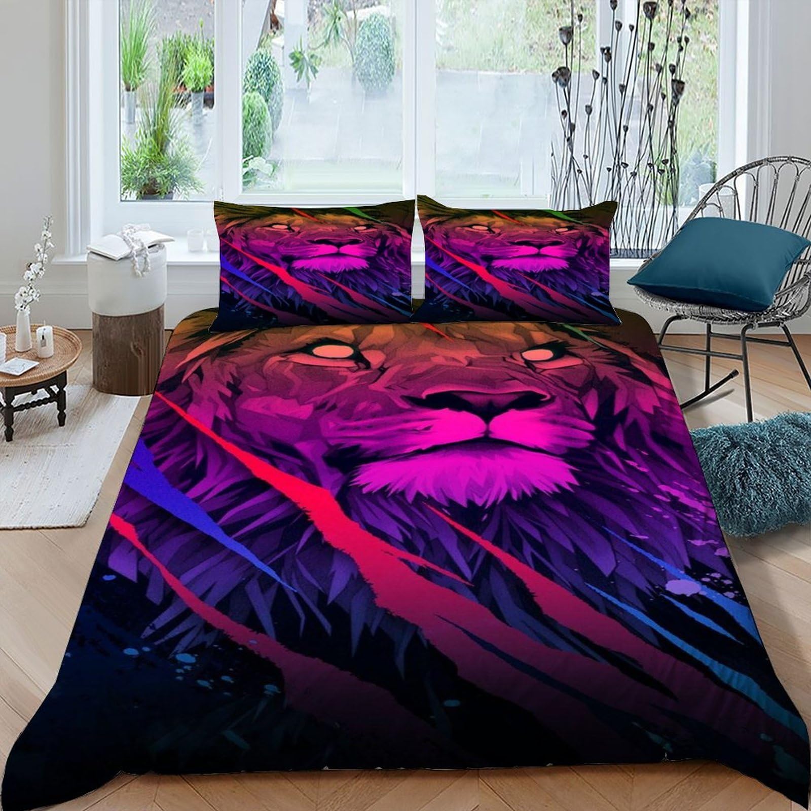 Parure de couette lion 220x240 housse de lit microfibre avec 2 taies d'oreiller