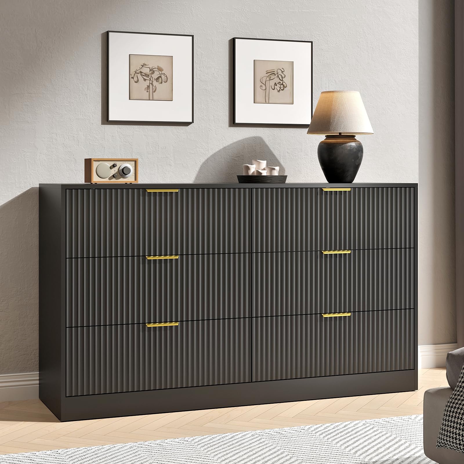 55" Wide Fluted Dresser for Bedroom with 6 Drawers, Black