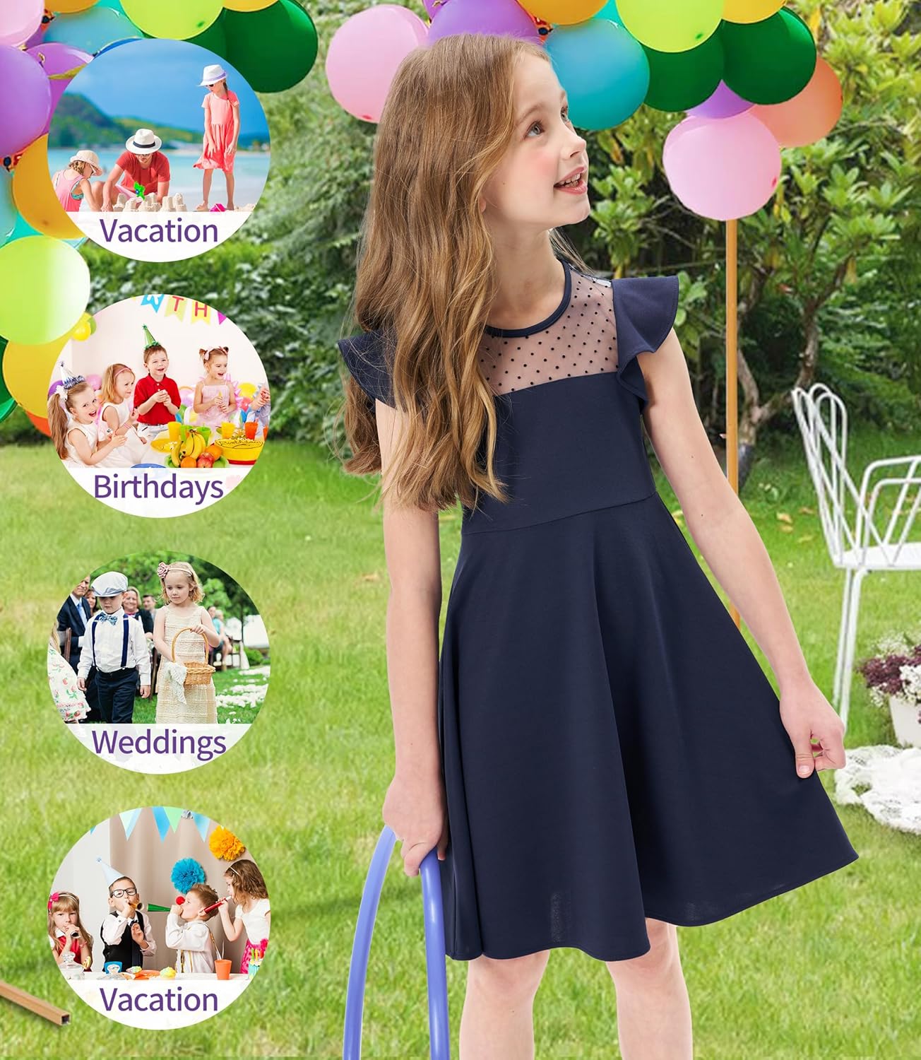 Girls Dress Summer Ruffle Sleeves Crewneck Polka Dot Mesh A Line Casual Party Dresses - Image 7