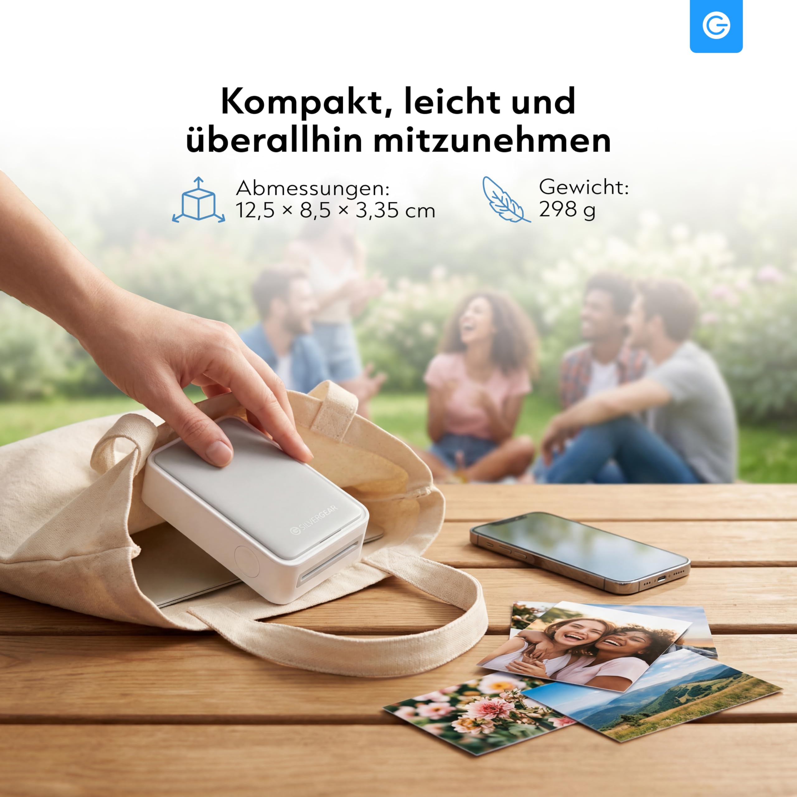 Silvergear® Fotodrucker für Smartphone | Mini Drucker Bluetooth mit App | iOS & Android | 300dpi Sofortbilddrucker | 4Pass-Farbsublimation | Hochzeit & Journaling | inkl. Fotoblätter 5,4×8,2cm | Weiß