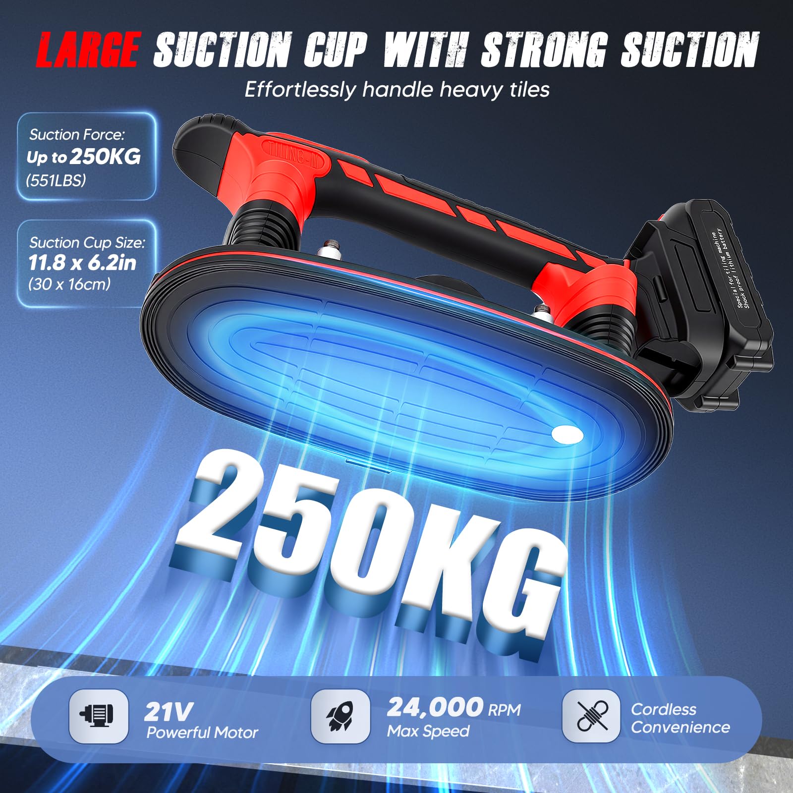 2 en 1 Herramienta de vibración para azulejos sin cables, ventosa potente y 6 velocidades ajustables, 2 baterías de 2500 mAh, 24000 RPM, para instalar azulejos, mármol, vidrio y madera