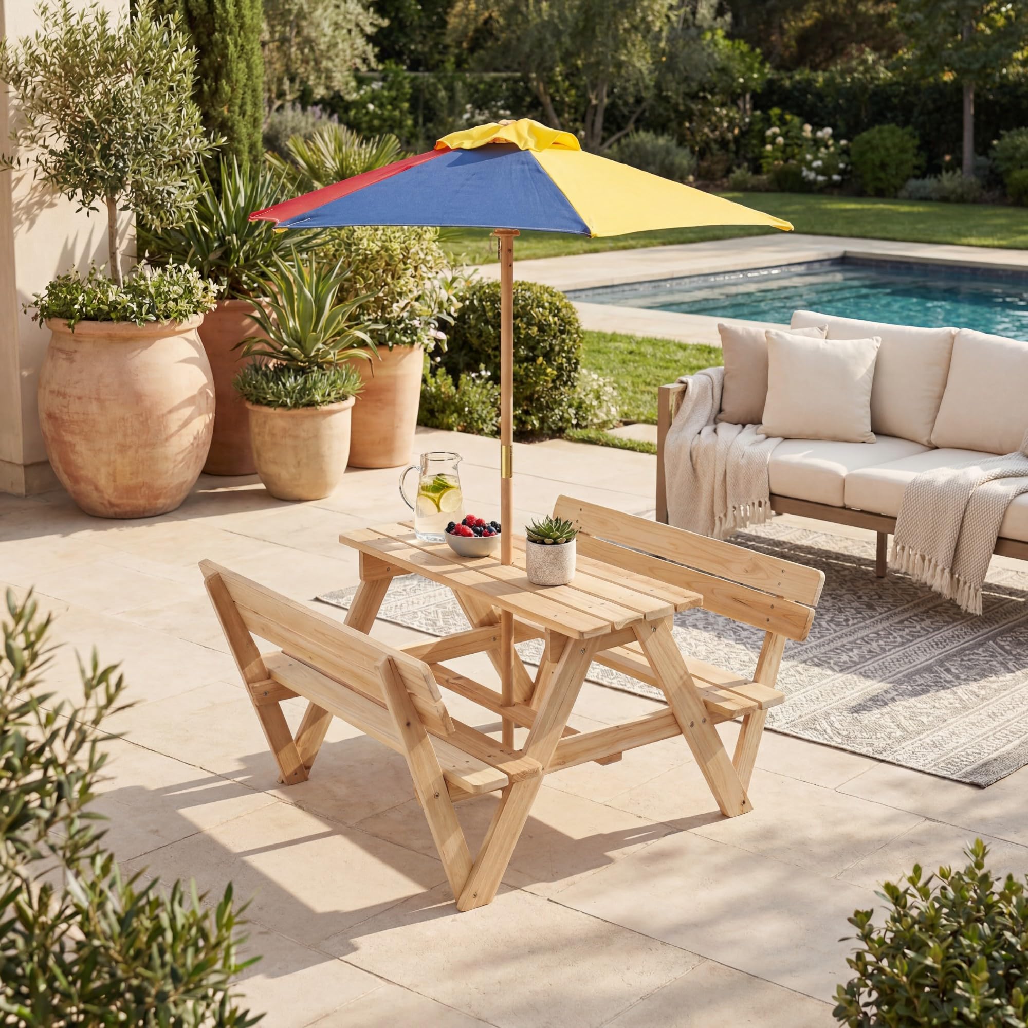 LIFEZEAL Tavolo da Picnic per Bambini con Ombrellone Rimovibile Legno Abete 4 Posti 3-8 Anni
