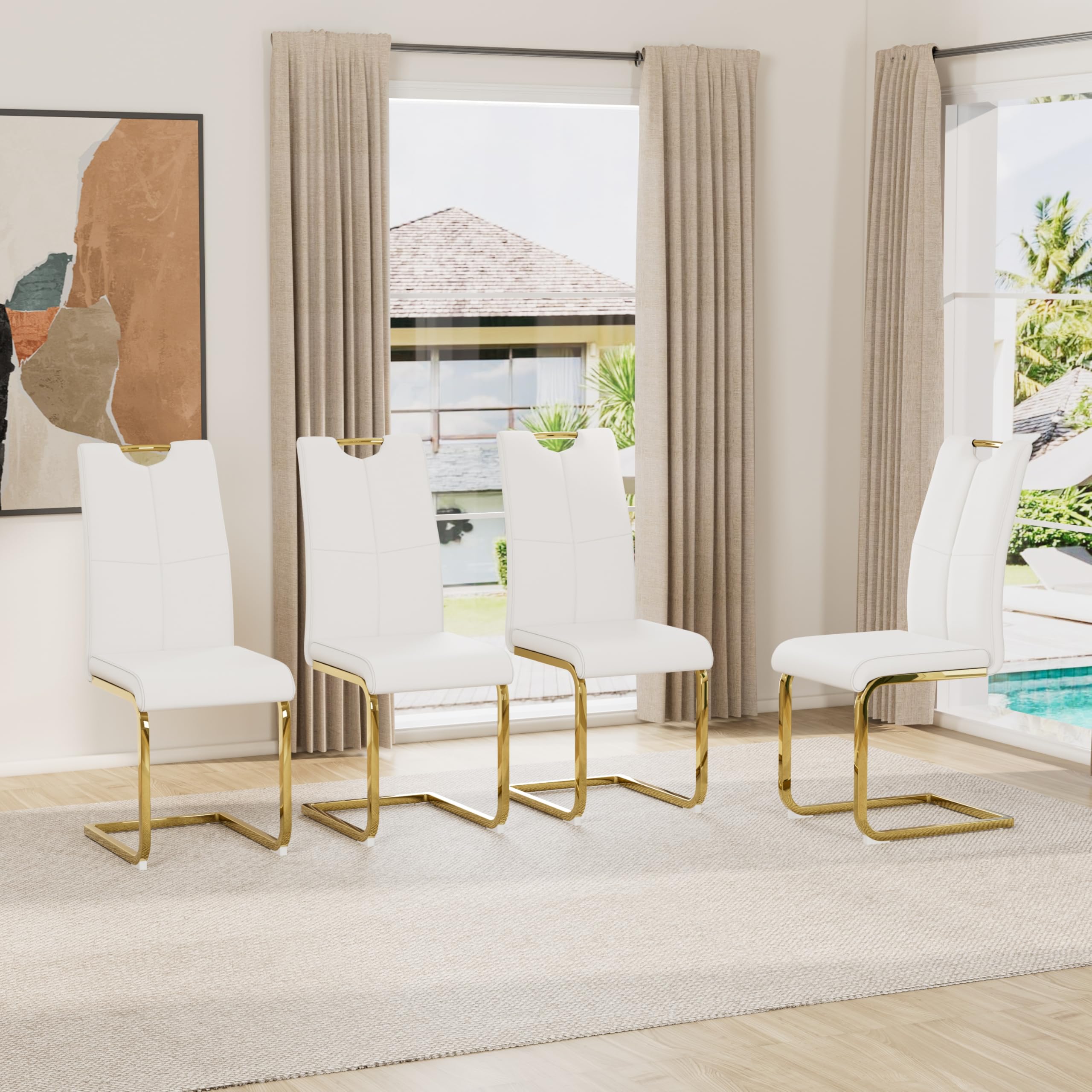 KATBOC Modern Dining Chairs Set of 4 PU Faux Leather High Back Upholstered Chairs with Gold Metal Legs for Kitchen Dining Room, White