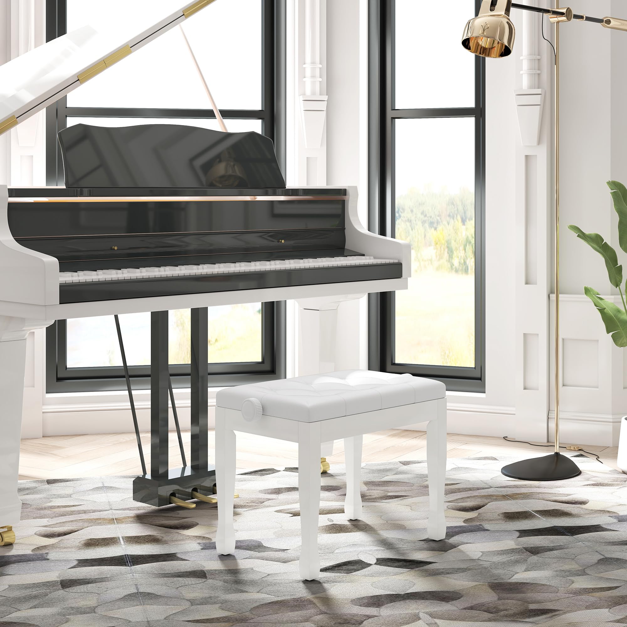 HOMCOM Banc de Piano, Banc de Clavier réglable en Hauteur en Bois Massif, Tabouret Piano avec siège rembourré polyuréthane à 10 Boutons, Stable et antidérapant, Charge 200kg, Blanc