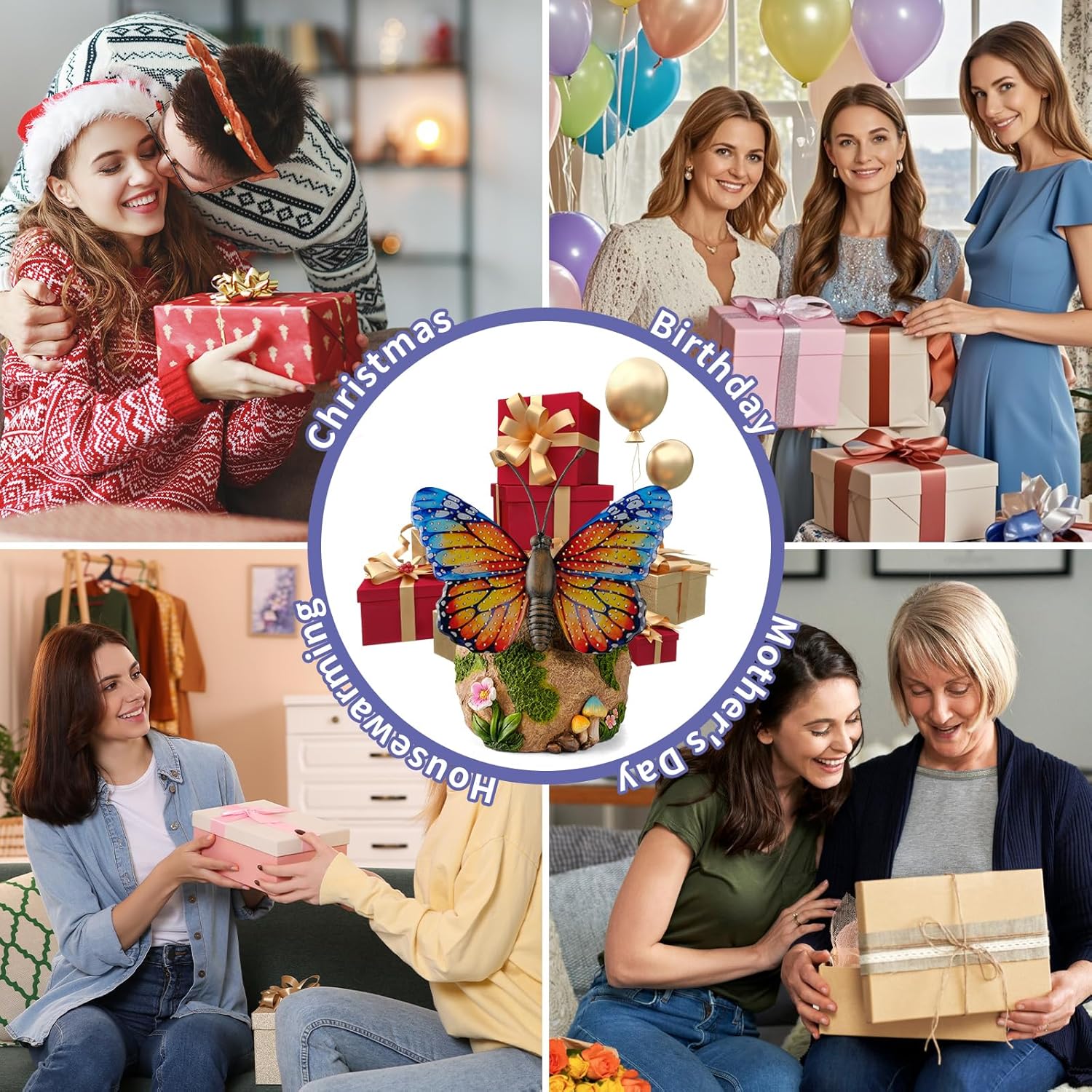 WSgift Solar Butterfly Garden Statue Weatherproof Outdoor Hand-Painted Decor Butterfly Resin Figurine Orange