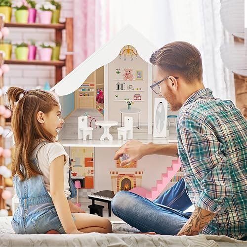 Miniatura 8 de Costzon Casa de muñecas de madera para niños, 2 en 1, estantería de casa de muñecas con 6 habitaciones y almacenamiento oculto, juego de juguetes de