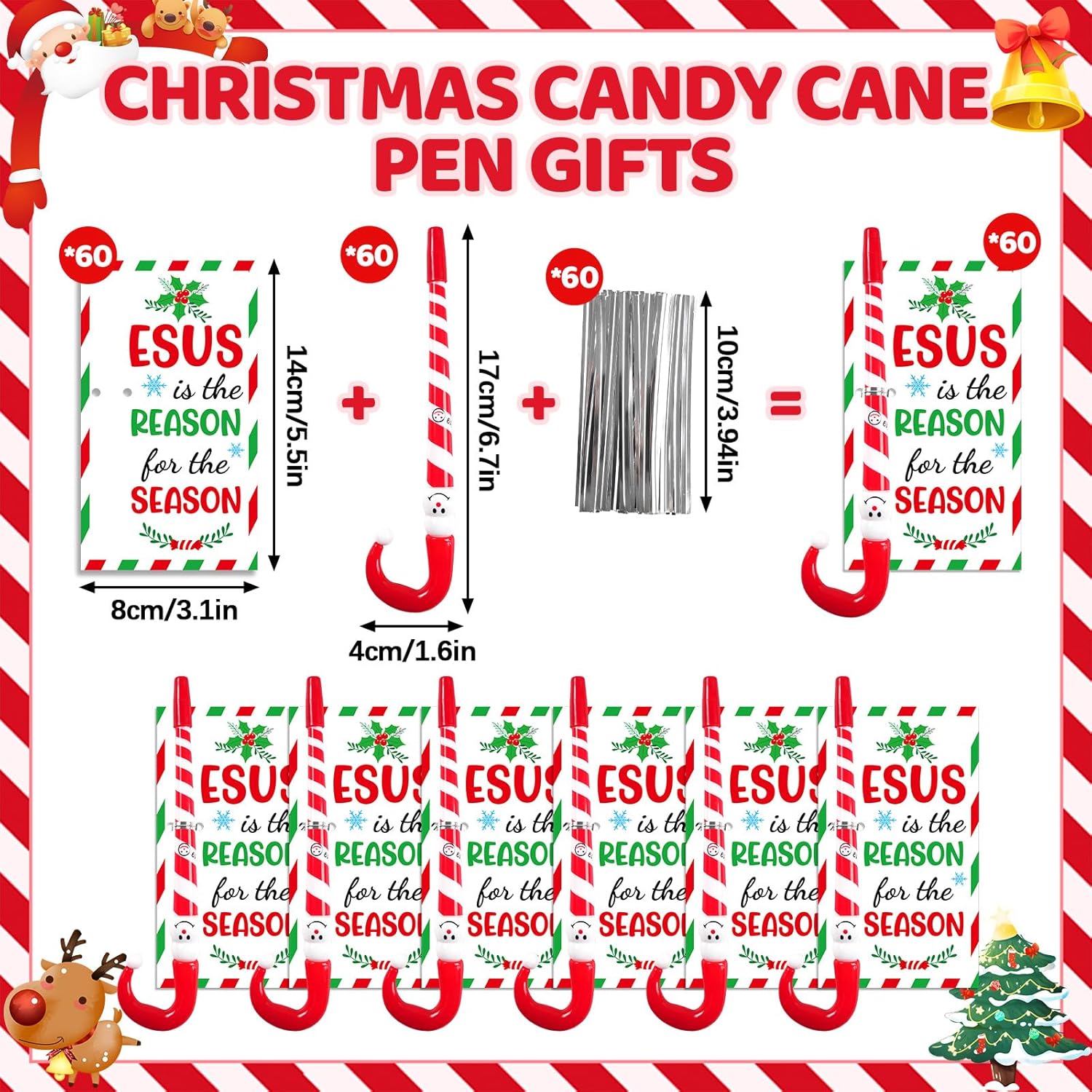 60 Sets Christmas Christian Gifts Bulk Candy Cane Pens with Jesus Cards Xmas Ballpoint Pens Religious Christmas Cards Church Gifts for Sunday School Religious Party Favors Holiday Party Supplies