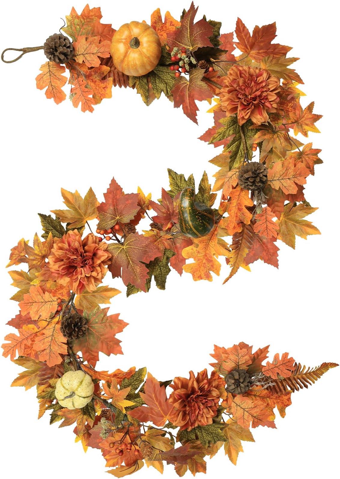 Artificial Fall Maple Leaves Garland Hanging Vine 6Ft Fake Pumpkin Pine Berries Autumn Decoration Garland Decor for Fireplace Home Doorway Party Indoor Outdoor