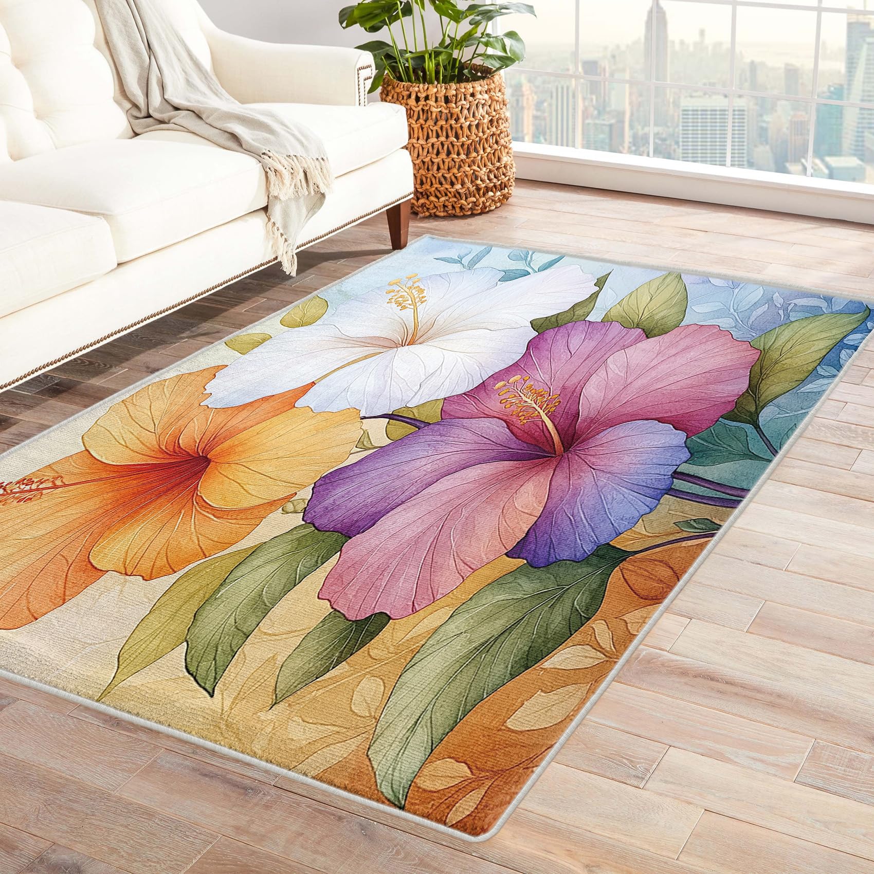 Zylphult Colorful Hibiscus Floral Rug 8x10 Area Rug Washable, Tropical Jungle Plant Area Rug for Bedroom Living Room, Hawaiian Flowers Carpet Home