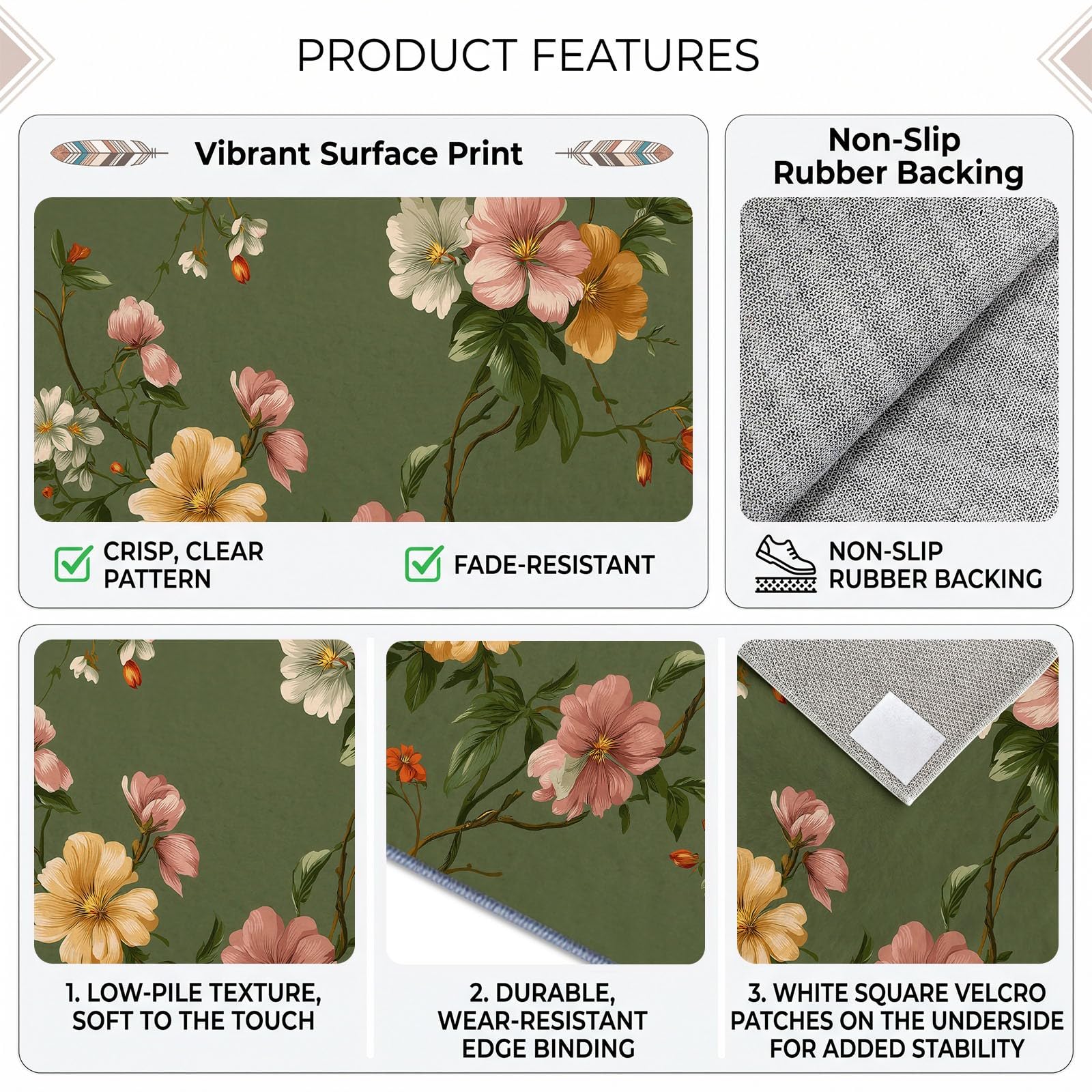 Générique Fleur Feuille Vert Foncé Tapis Salon 140x200 cm Lavable en Machine, Bohème Rétro Pastoral Tapis AntidéRapant Doux Poil Ras, pour Salon, Chambre et Salle à Manger