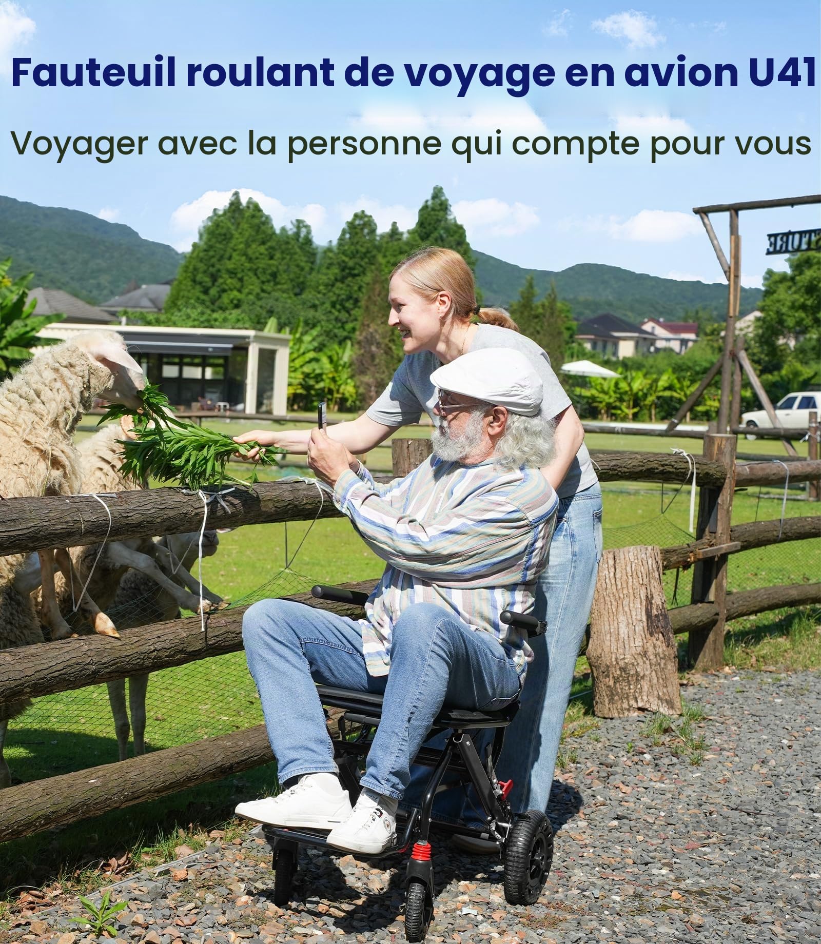 VOCIC U41 Fauteuil Roulant Pliable Ultraléger 8.6KG | Chaise roulante de transport voyage en avion,pneus honeycomb 20CM tous terrains,aluminium compact étroit (Noir)