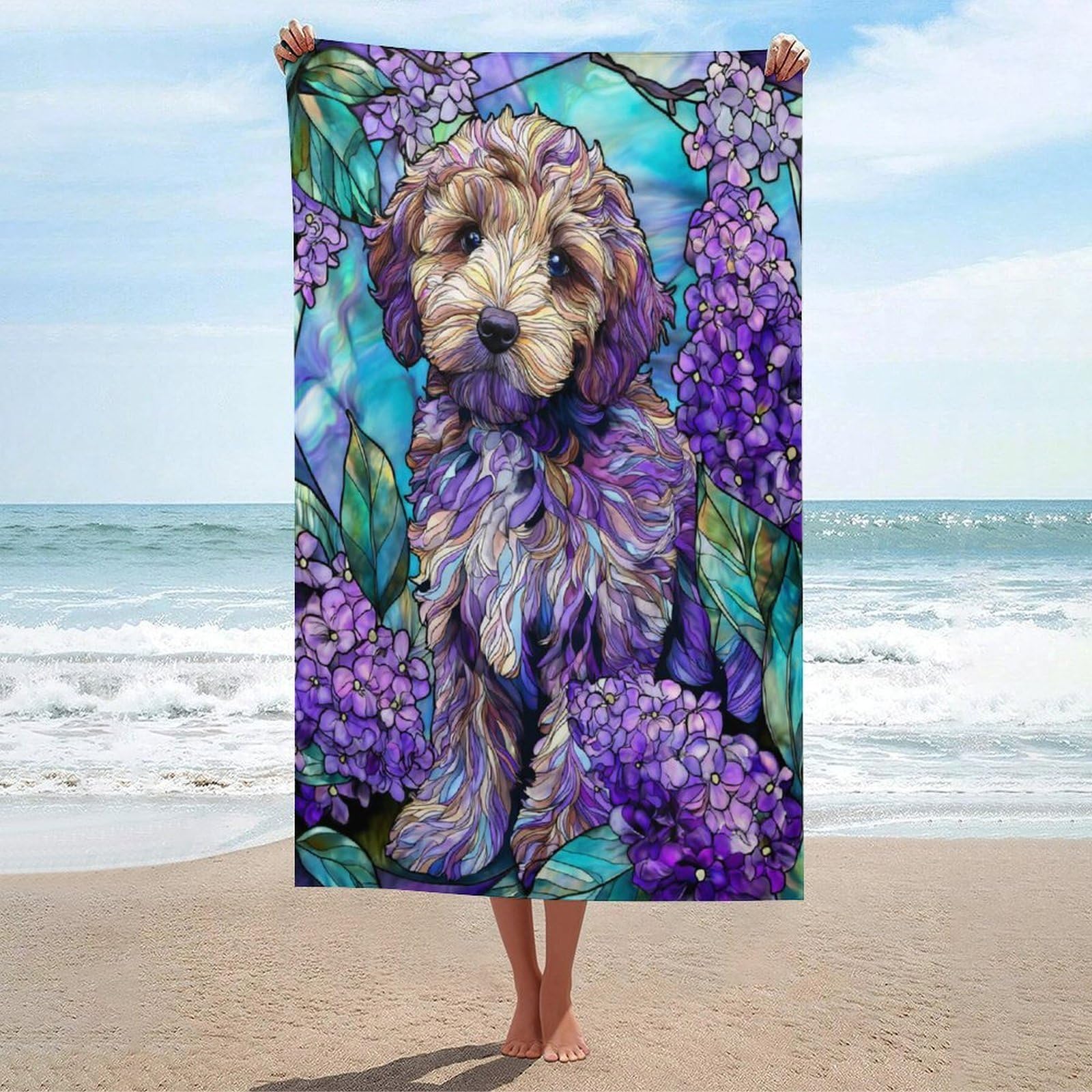 Jubonexis White Stained Glass Cockapoo Dog Beach Towel Sand Free Microfiber Large Shower Towels Multipurpose Absorbent For Bathroom Pool 130X80 Cm