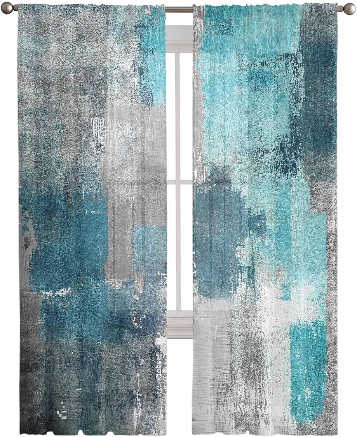 Turquoise Blue Grey Sheer Curtains 72 Inch Length 2 Panels Set for Living Room/Bedroom, Teal Abstract Art Painting Semi Curtain Sheers Drapes Rod Pocket Curtains Window Treatment Set