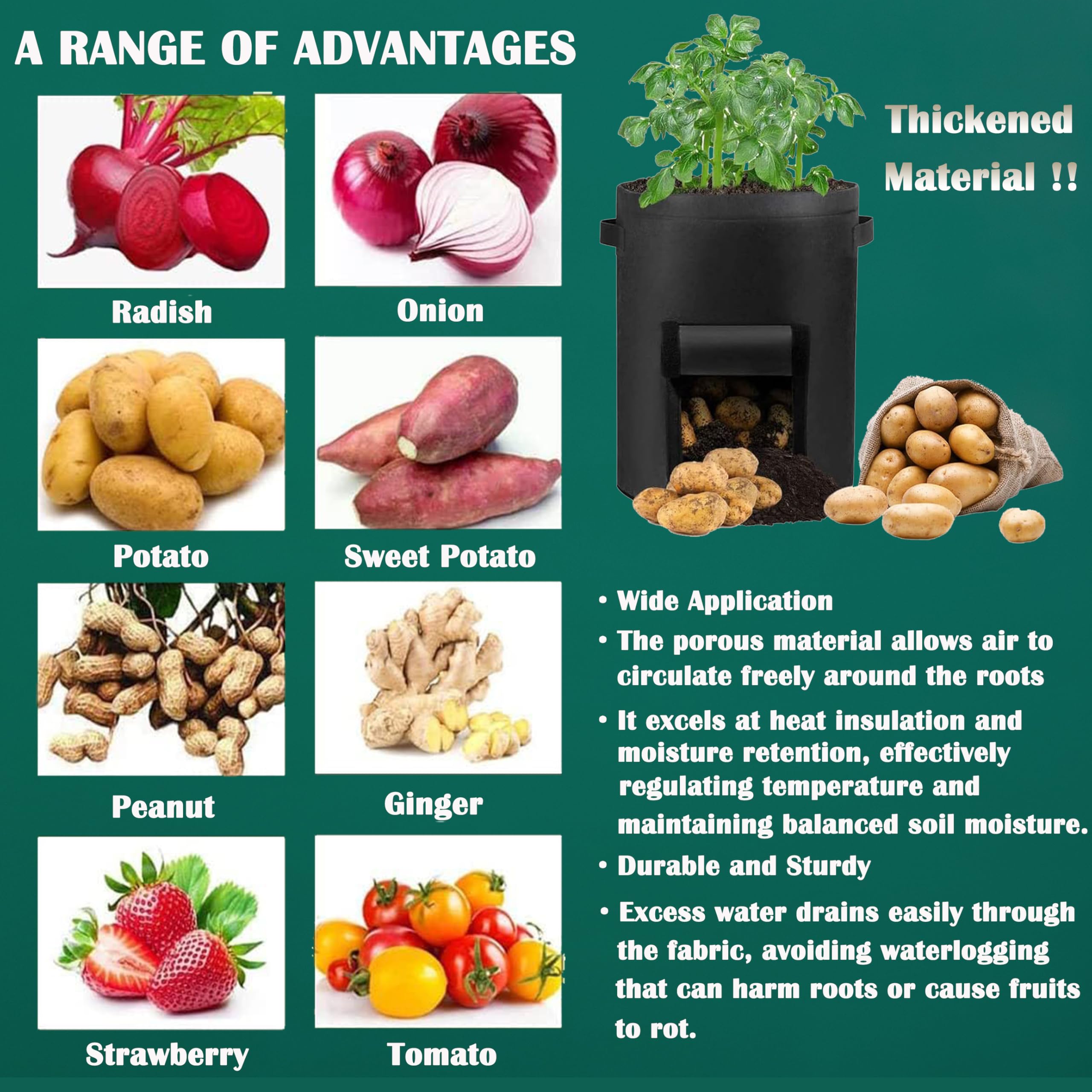 Lot de 5 sacs de culture pour pommes de terre de 38 litres - Sacs de culture avec poignées et rabat transparent pour pommes de terre, carottes, tomates et autres légumes