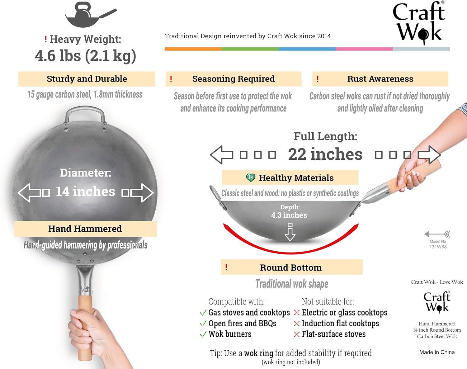 Craft Wok Traditional Hand Hammered Chinese Carbon Steel Wok with Wooden and Steel Helper Handle (14 Inch, Round Bottom Pow Wok Pan) / 731W88 - Image 3