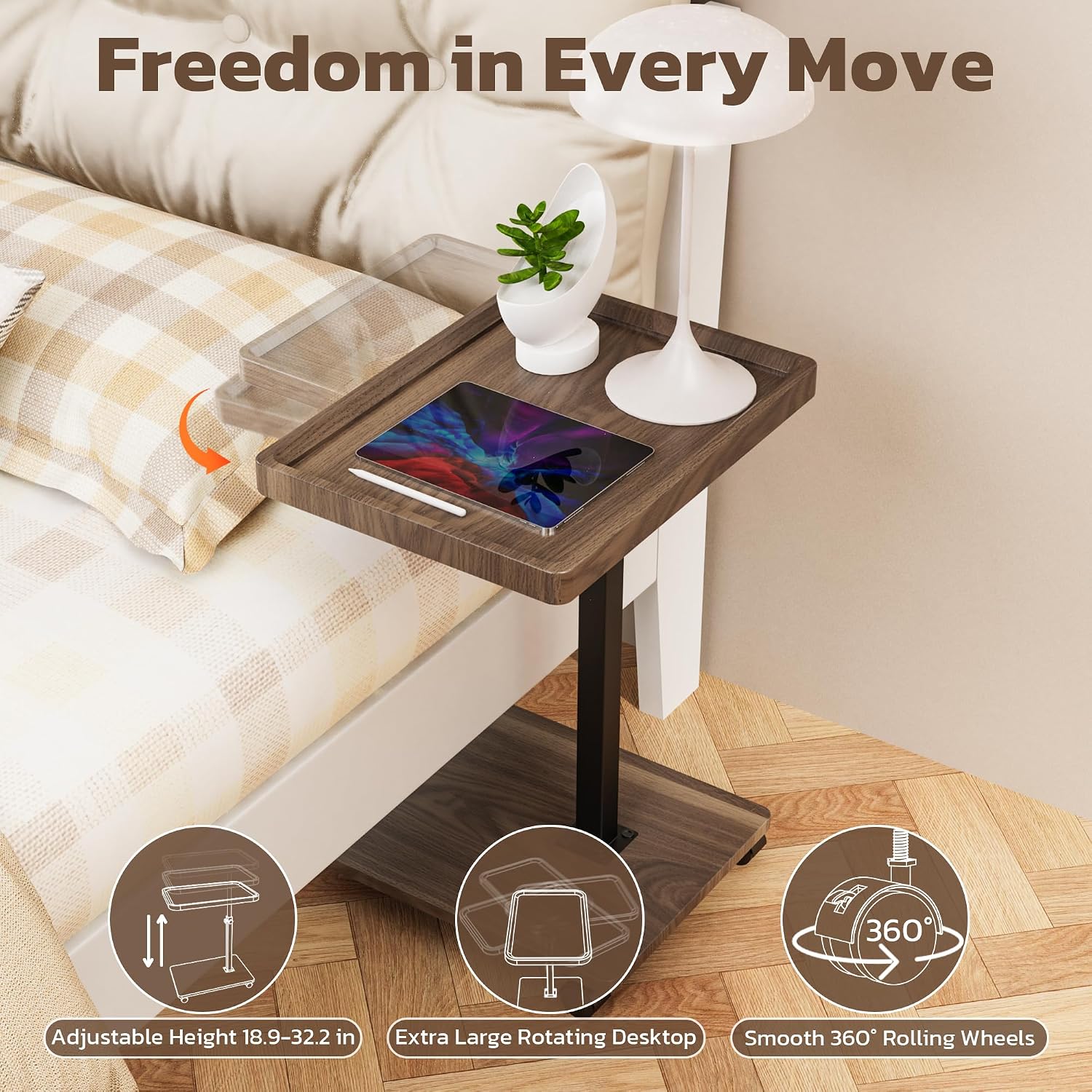 C-Shaped End Table, Swivel TV Tray, Couch Side Table Wood | Adjustable Height 360° Swivel, Slide Under Sofa, Multi-Use Couch/Bed/Overbed Table, Small TV Dinner Tray For Couch Dining