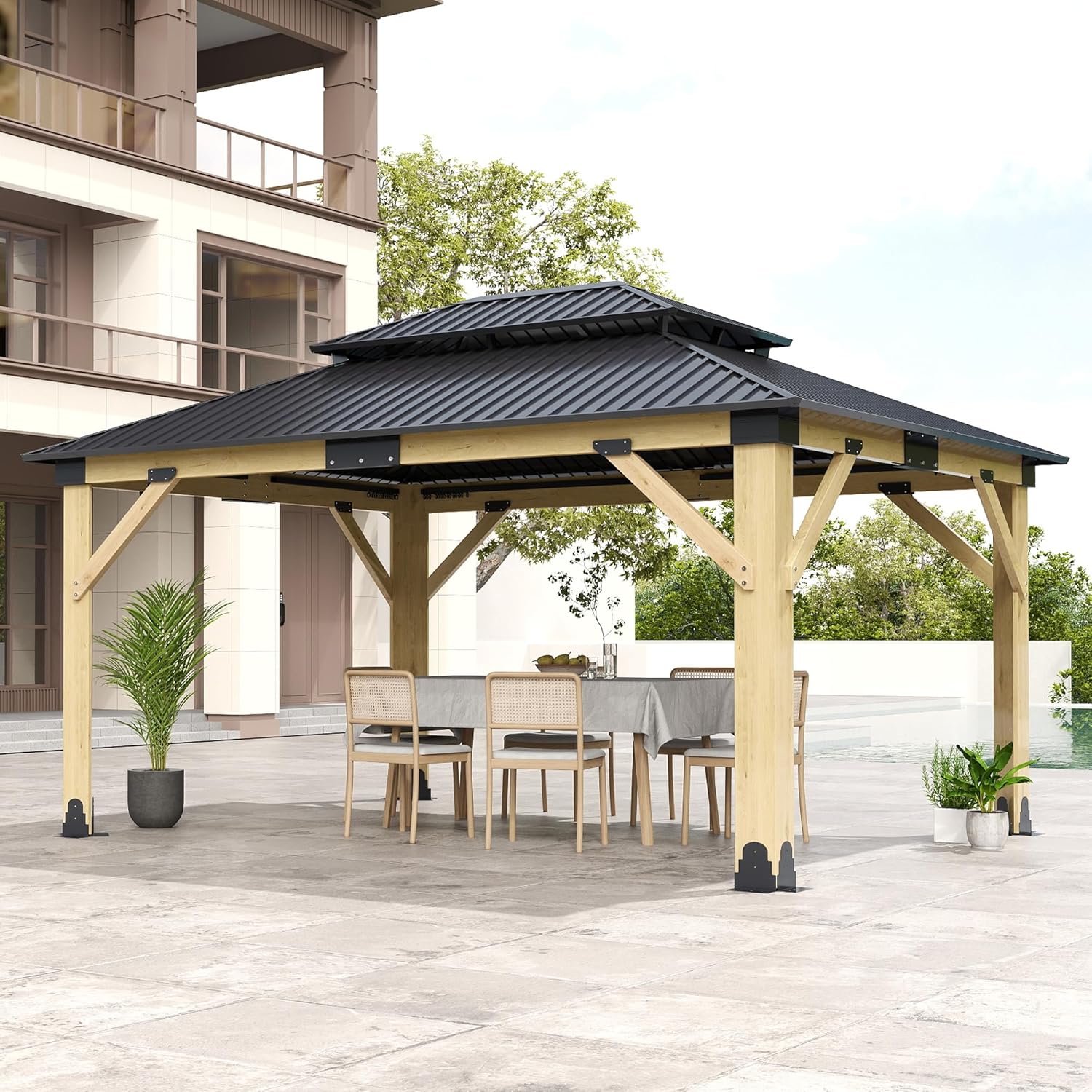 13x15FT Wood Gazebo,Outdoor Wooden Gazebo with Glavanized Steel Double Roof, Hardtop Gazebos for Garden, Patio, Deck, Backyard