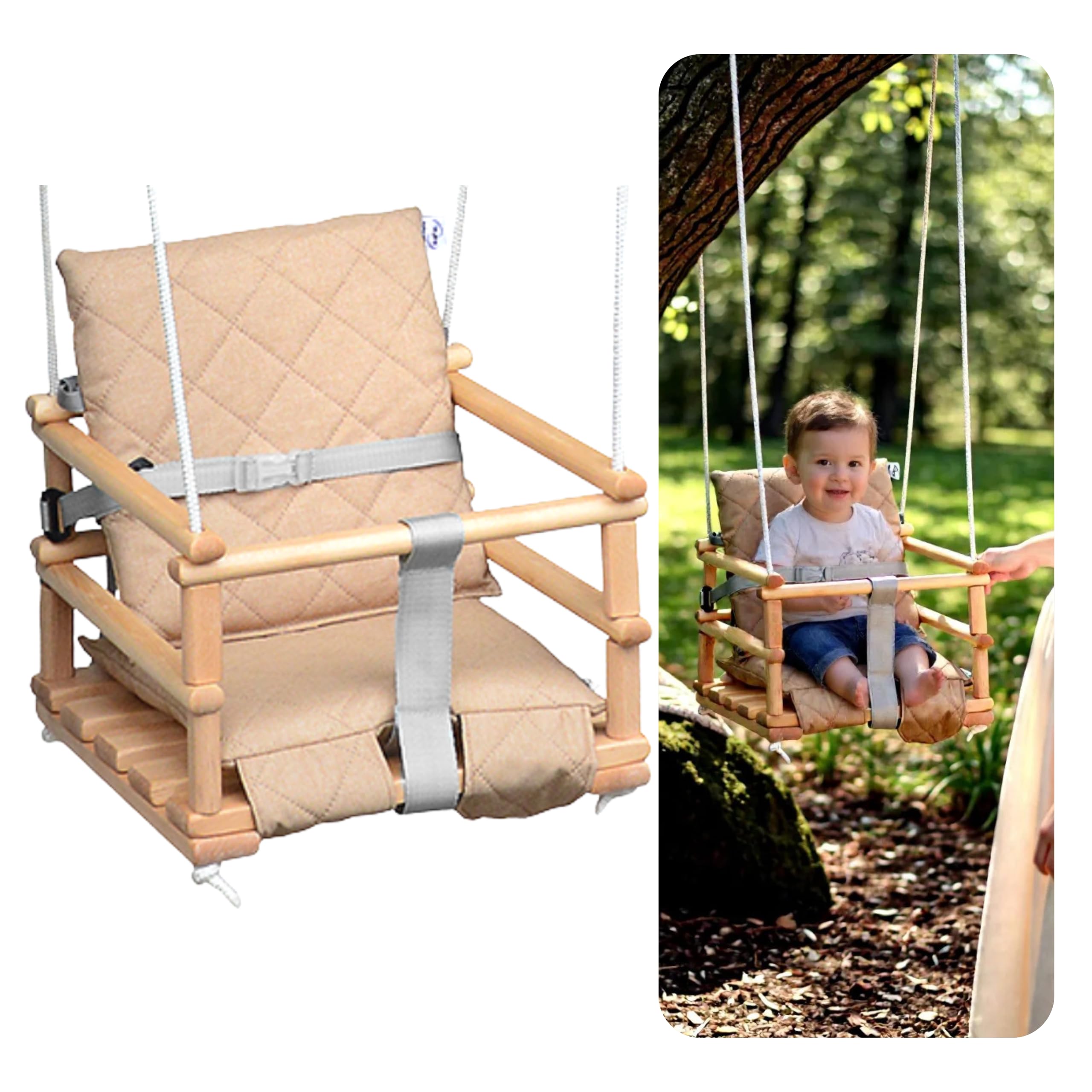 Holz Babyschaukel, Kinderschaukel, Schaukel für Kinder Schaukel 3 in 1 + SICHERHEITSGURT, Kleinkindschaukel, Baby schaukel und Schaukelsitz, Kinder Holz Indoor Outdoor (Beige Neu)