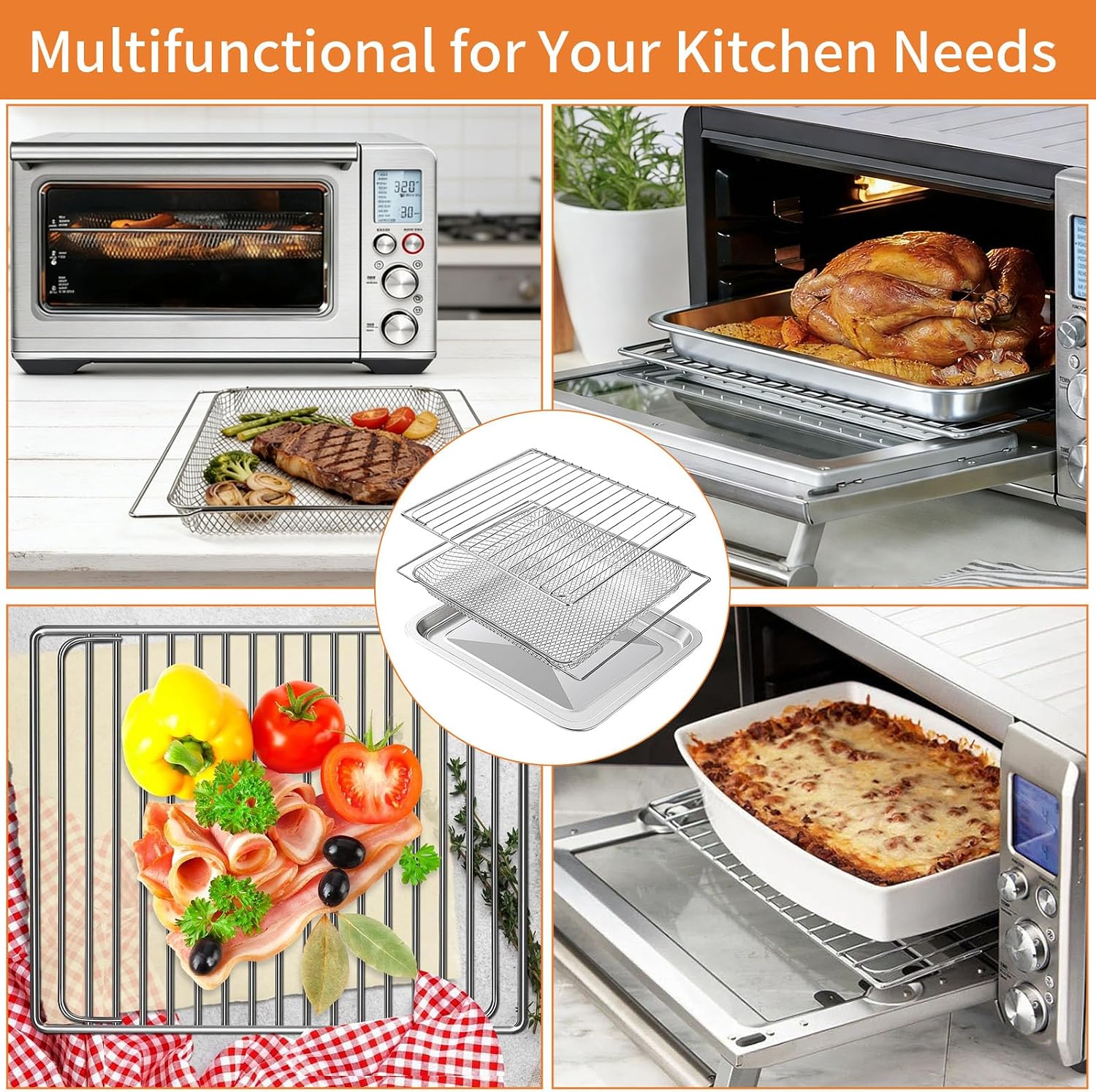 GCQ Tray Basket Rack for Breville BOV845BSS Smart Oven Pro Countertop Oven | Stainless Steel Air Fryer Accessories Replacement Parts Roasting Steamer Grill Racks Baking Tray Basket,Dishwasher Safe