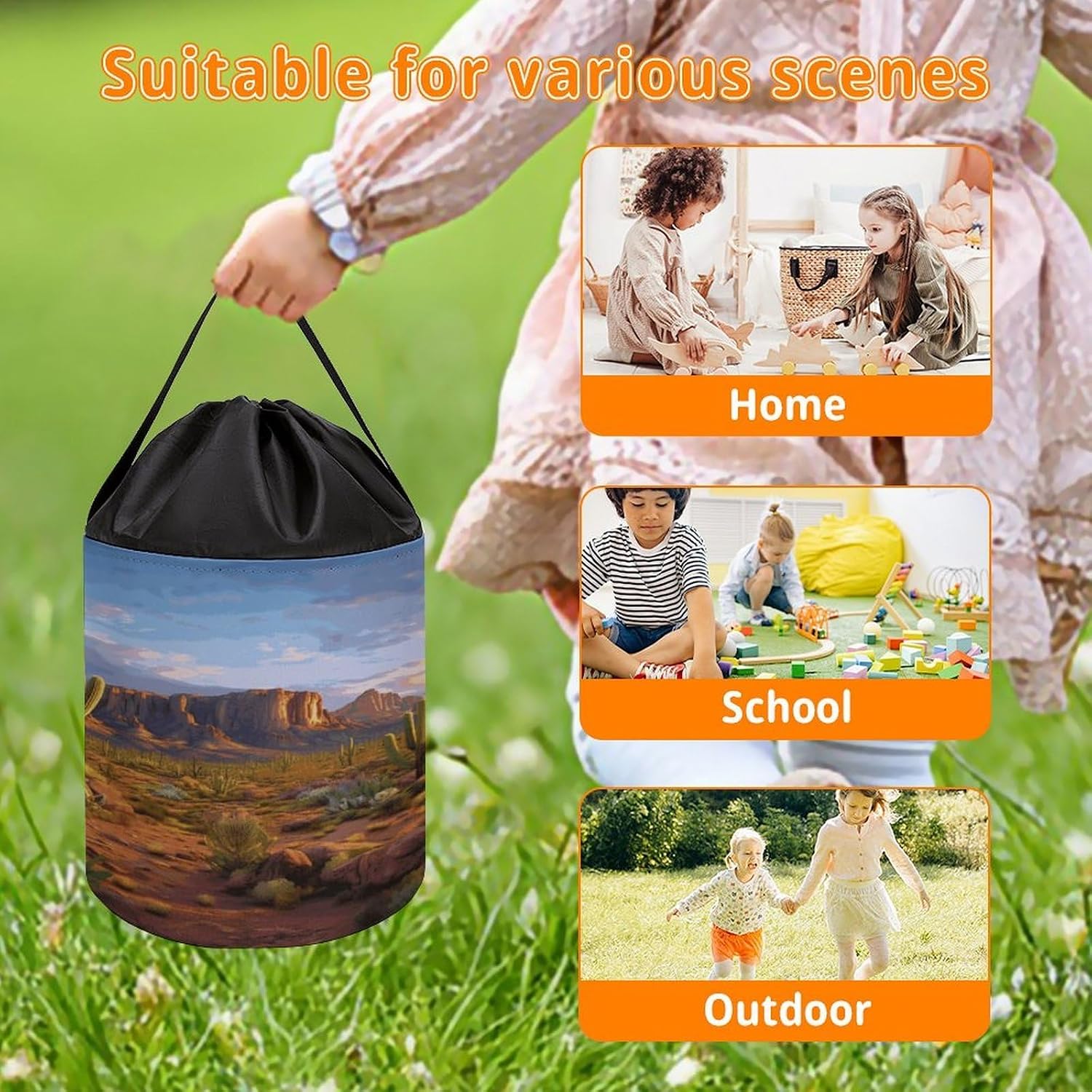 Cactus Landscape Storage Bag Large Reusable,Storage Box with Handle Drawstringm, Toy Storage Organizer Travel Case for Building Toys for Puzzles, Building Blocks, Board Game, Stationery, Books image 5
