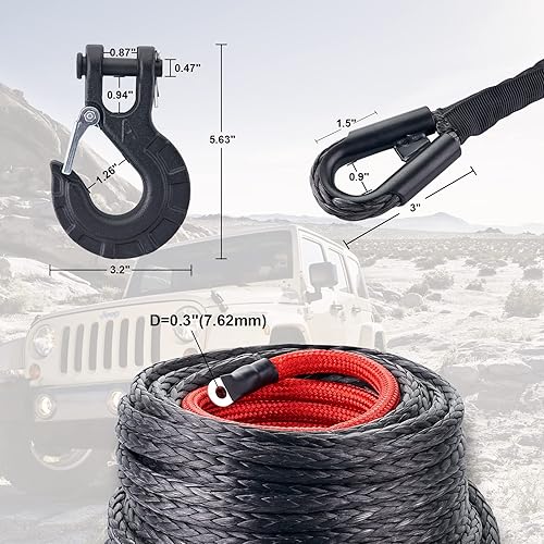 Miniatura 5 de Cuerda de cabrestante sintética de 14 pulgadas x 50 pies, cuerda de cabrestante sintética de 9500 libras con funda protectora, tapón de cabrestante