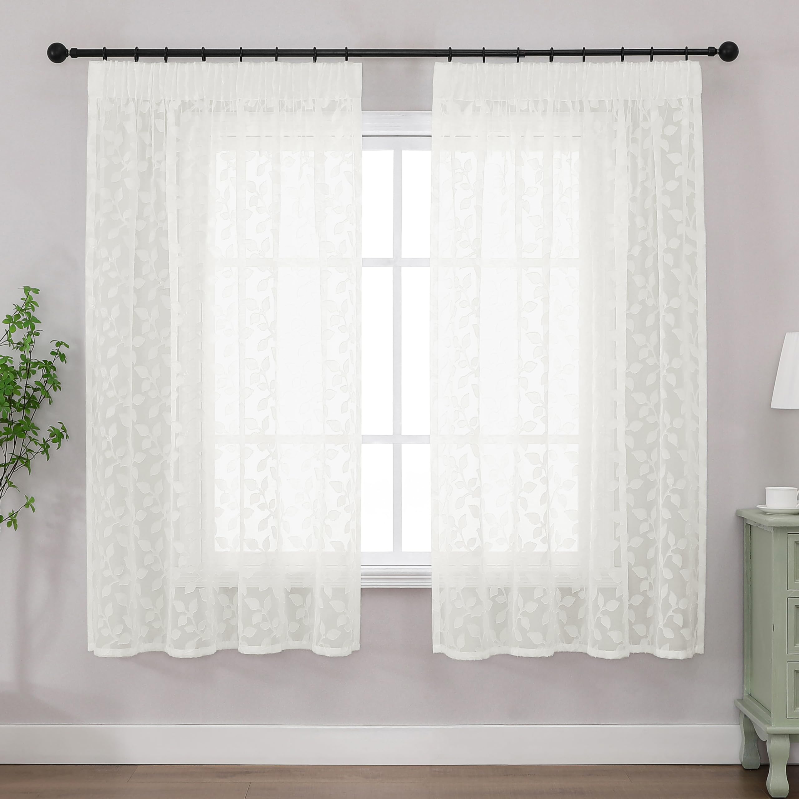 Simplebrand Natural Sheer Curtains Charlton Leaf 2 Panels W140 x L137cm, Clip Jacquard Pencil Pleat Drapes, Semi-Sheer Window Curtains for Living Room Bedroom Kitchen, Elegant Decorative All Season