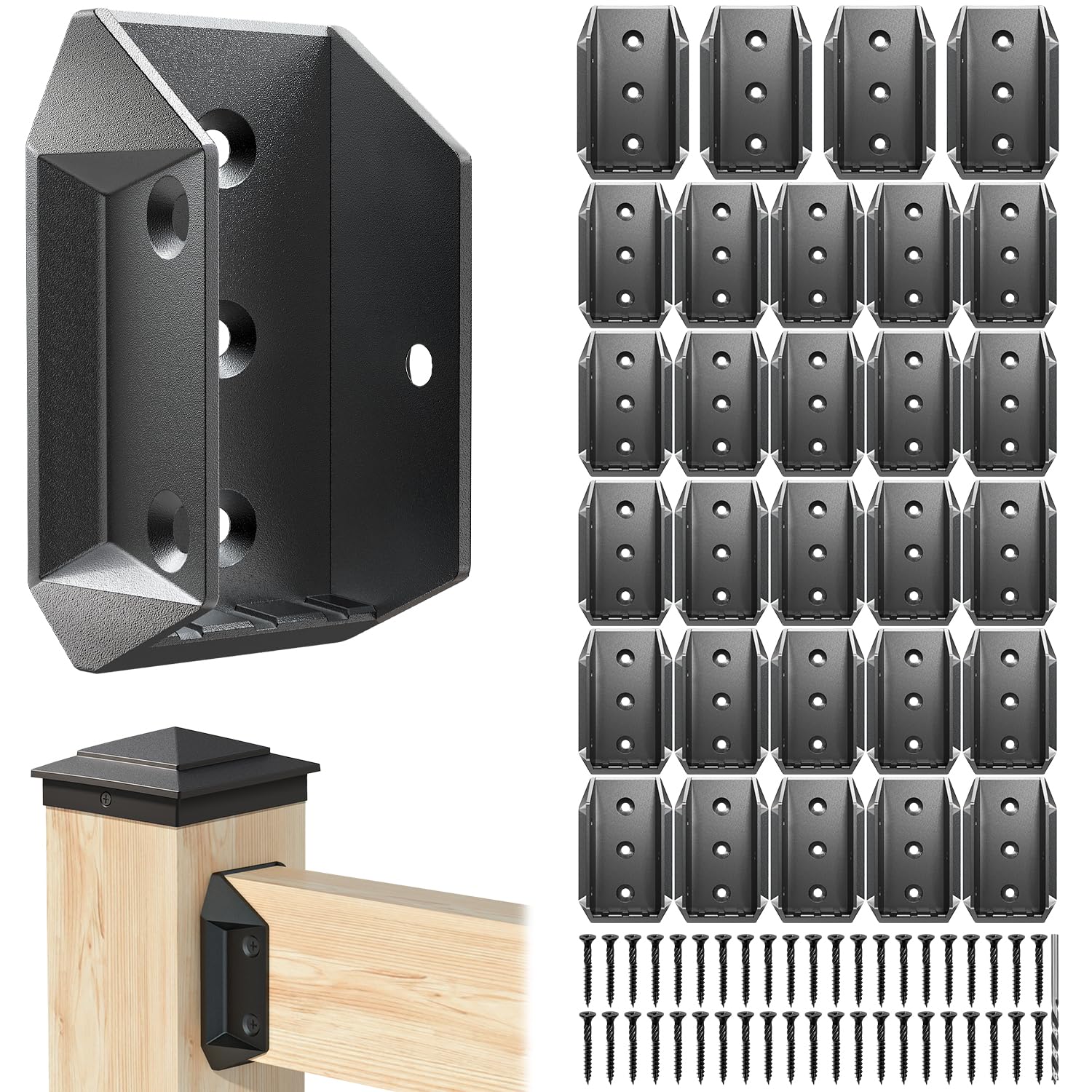 Toscoco 30 Pcs Heavy-Duty Aluminum Deck Railing Bracket Connectors for 2x4 (Actual 1 ½" x 3 ½") Wood Post, Outdoor Railing Connector with 180pcs Deck