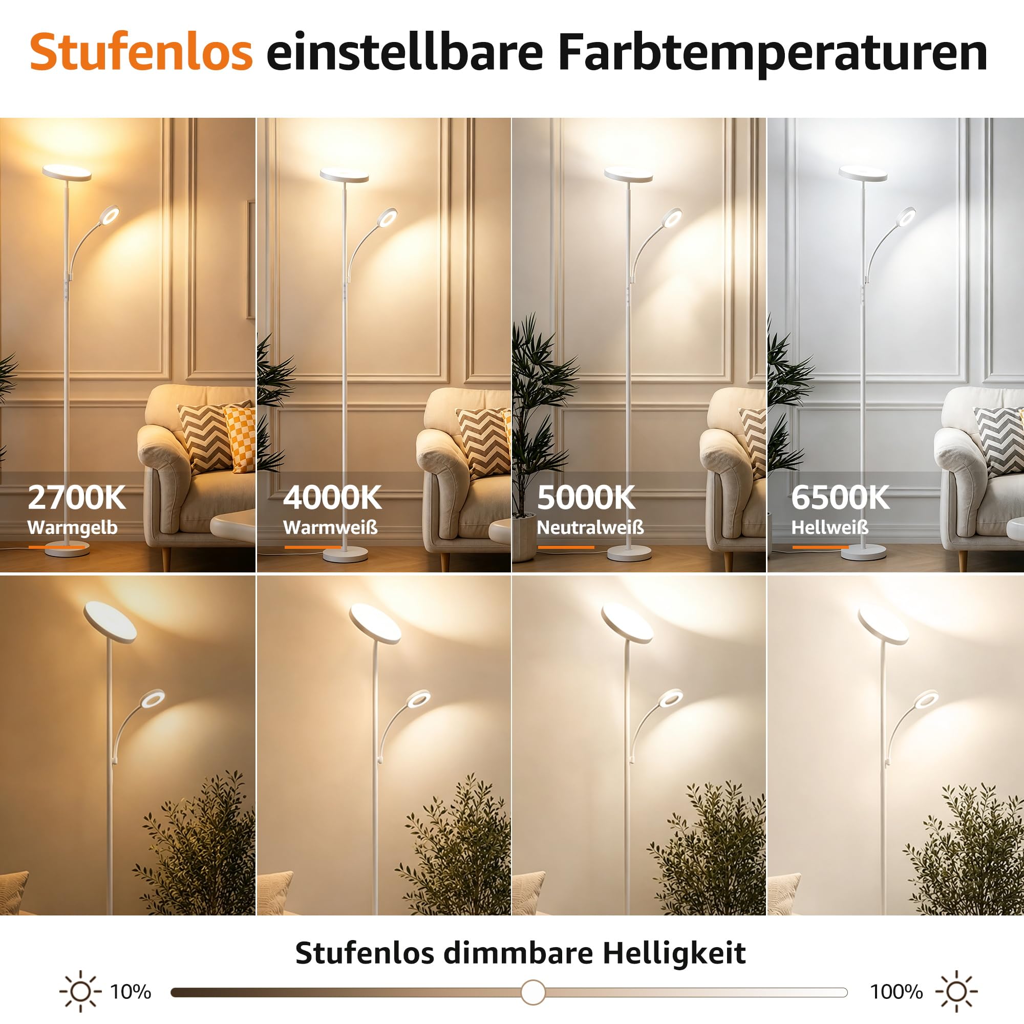 42W superhelle Uplighter Stehleuchte für Wohnzimmer, 4200LM dimmbare Torchiere Standleuchte mit Fernbedienung, Touch-Control, 2700K-6500K, Timer, 175 cm hohe Leuchte zum Lesen für Schlafzimmer, Büro