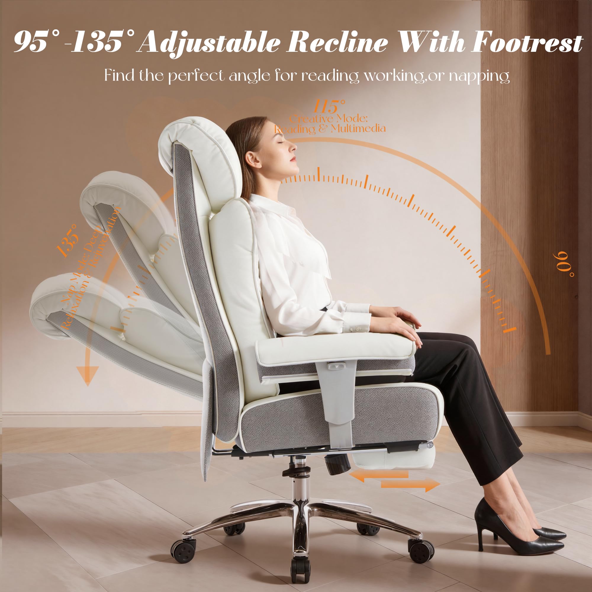 Efomao Silla de Oficina Reforzada 200 kg con Reposapiés – Silla Ejecutiva de Cuero PU con Respaldo Alto, Reposabrazos Acolchados Ajustables y Soporte Lumbar