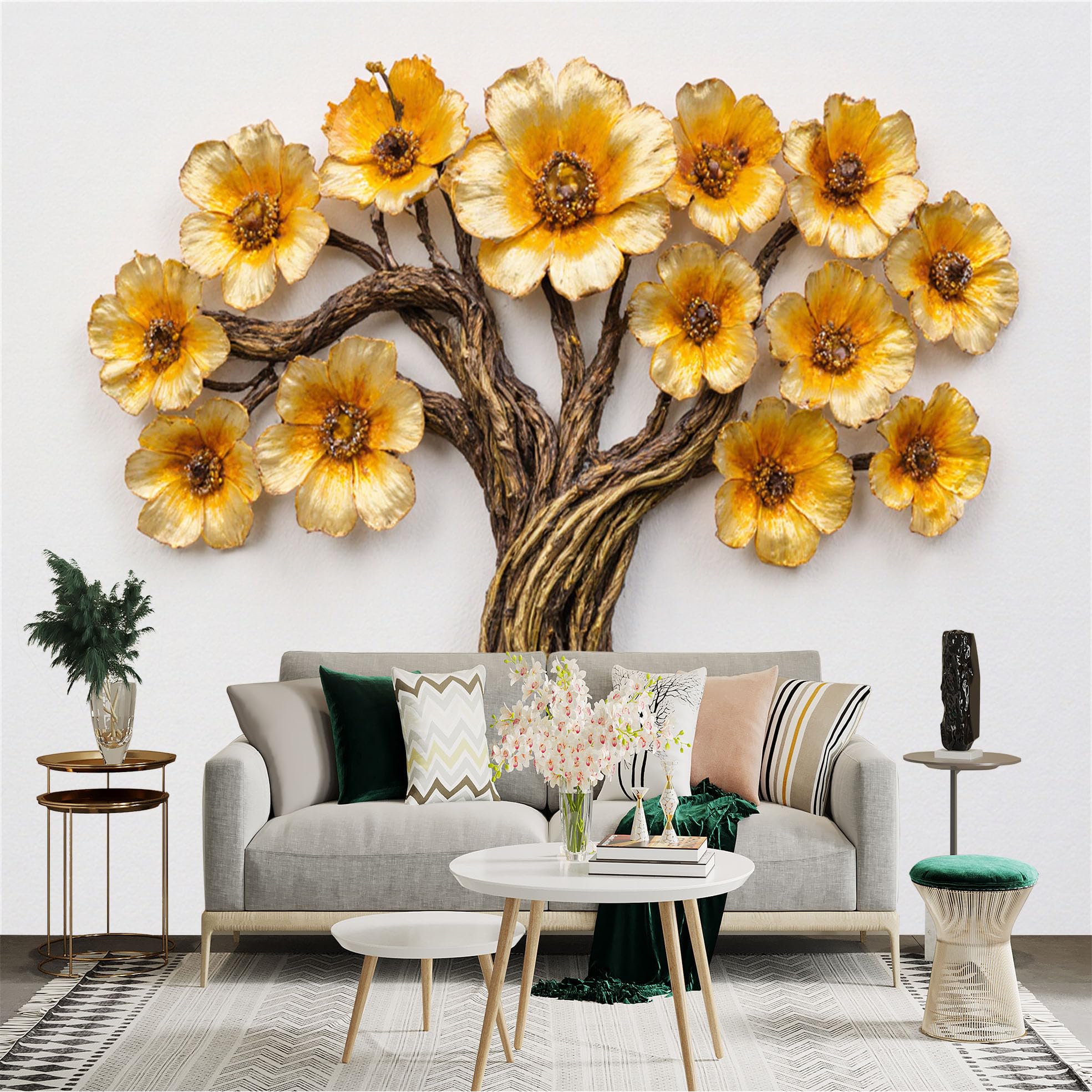 Custom Size Wall Sticker Mural， Golden Metallic Tree with Blooming Flowers， Elegant Floral Art， Artistic Botanical Decor， for wall Decoration， peelandstick wall Decals.