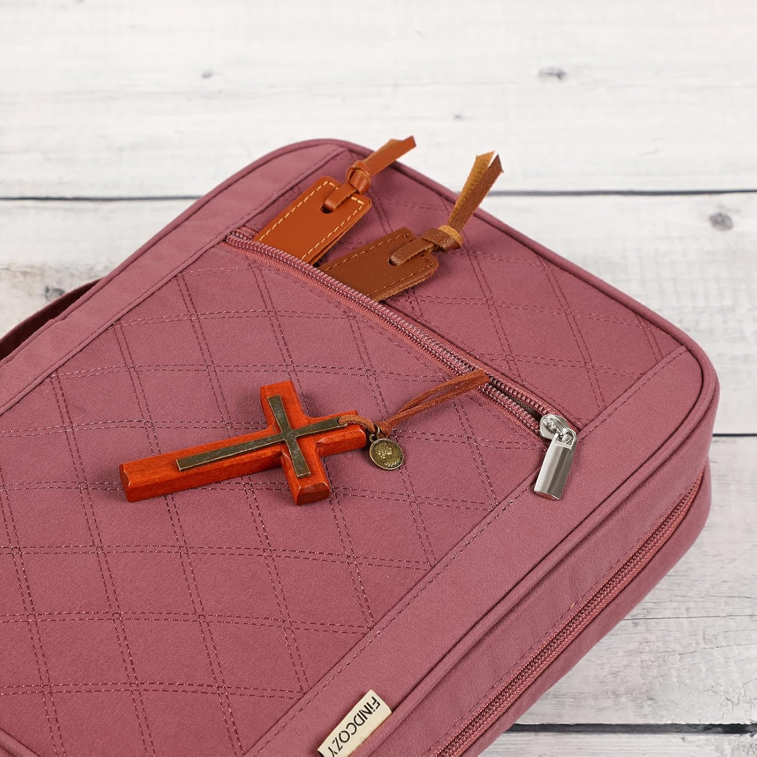 FINDCOZY Bible Cover for Women, Durable Carrying Book Case Church Bag for Biblical Accessories with Handle and Zippered Pocket, for Scriptures, Rosewood Pink - Image 4