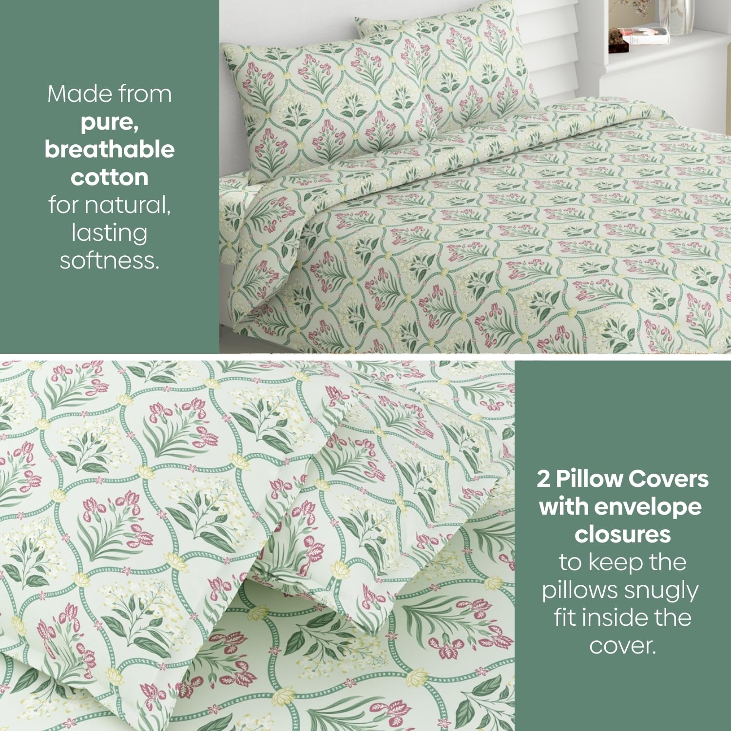 haus & kinder Pure Cotton Queen Size Floral Bedsheet with 2 Pillow Cases, 186 TC Bedsheet for Double Bed, 90X100 Inches Bed Sheet-Green Blossom