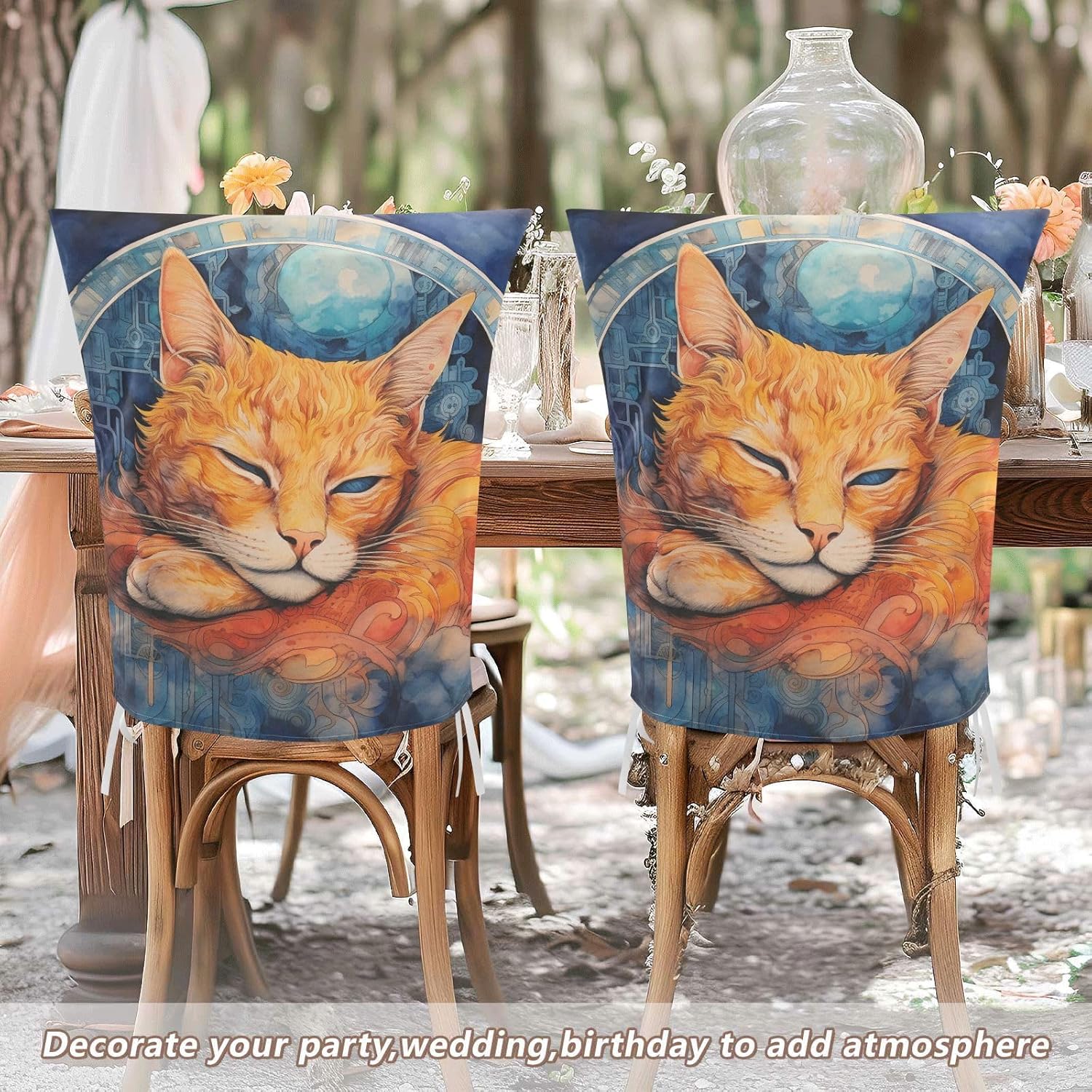 ALAZA Cute Sleeping Cat Chair Back Cover Set of 6, Washable Reusable Removable Chair Slipcovers Decorative Chair Cover for Home Kitchen Wedding Party