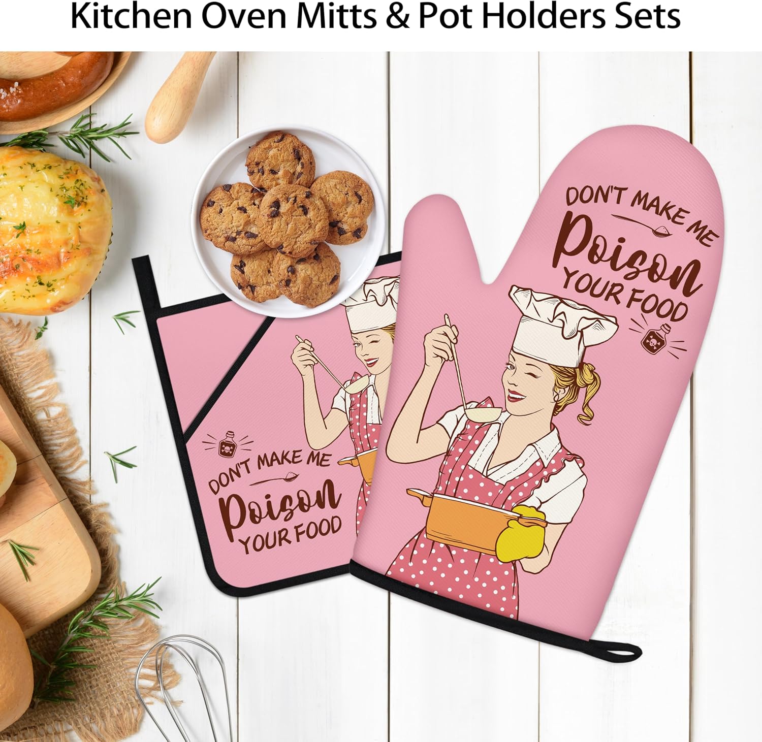 Funny Oven Mitts and Pot Holders Sets Pink Kitchen Accessories and Decor Heat Resistant Kitchen Cooking Baking Gifts Retro Humor Fun House Warming Gifts for Women (Pink, Oven Mitts & Pot Holders)