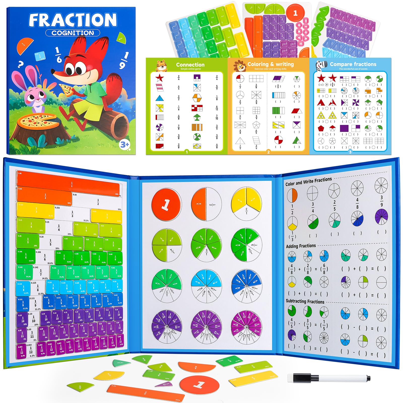Magnetic Fraction Puzzle for Kids- Fraction Educational Set & Fractions Circles Math Manipulatives Puzzle Game Magnetic Fraction Tiles & Fraction Circles Set for Kids Preschool to Elementary School
