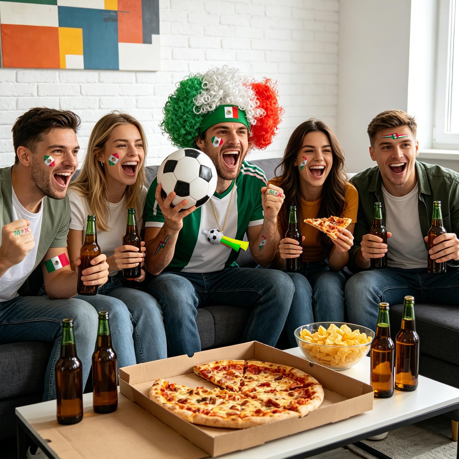 2026 Soccer Fan Gear Set – Mexican Flag Clown Wig, Temporary Tattoos & Loud Horn – Cheer Accessories for International Football Matches, Stadium Parties & Global Tournament Celebrations — view 6