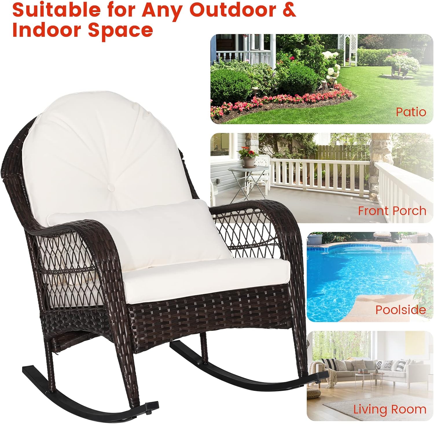 ORALNER Patio Wicker Rocking Chair, Outdoor PE Rattan Rocker with Seat and Back Cushion, Waist Pillow, Armrests, Garden Chair for Porch, Backyard, Poolside, Deck (2, Off White)