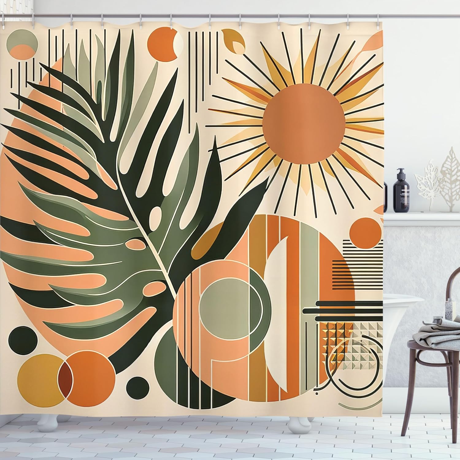Ambesonne Monstera Shower Curtain, Leaves and Sun Abstract Boho Mid Century Pastel and Dark Colors, Cloth Fabric Bathroom Decor Set with Hooks, 69" W x 84" L, Peach and Pale Reseda Green