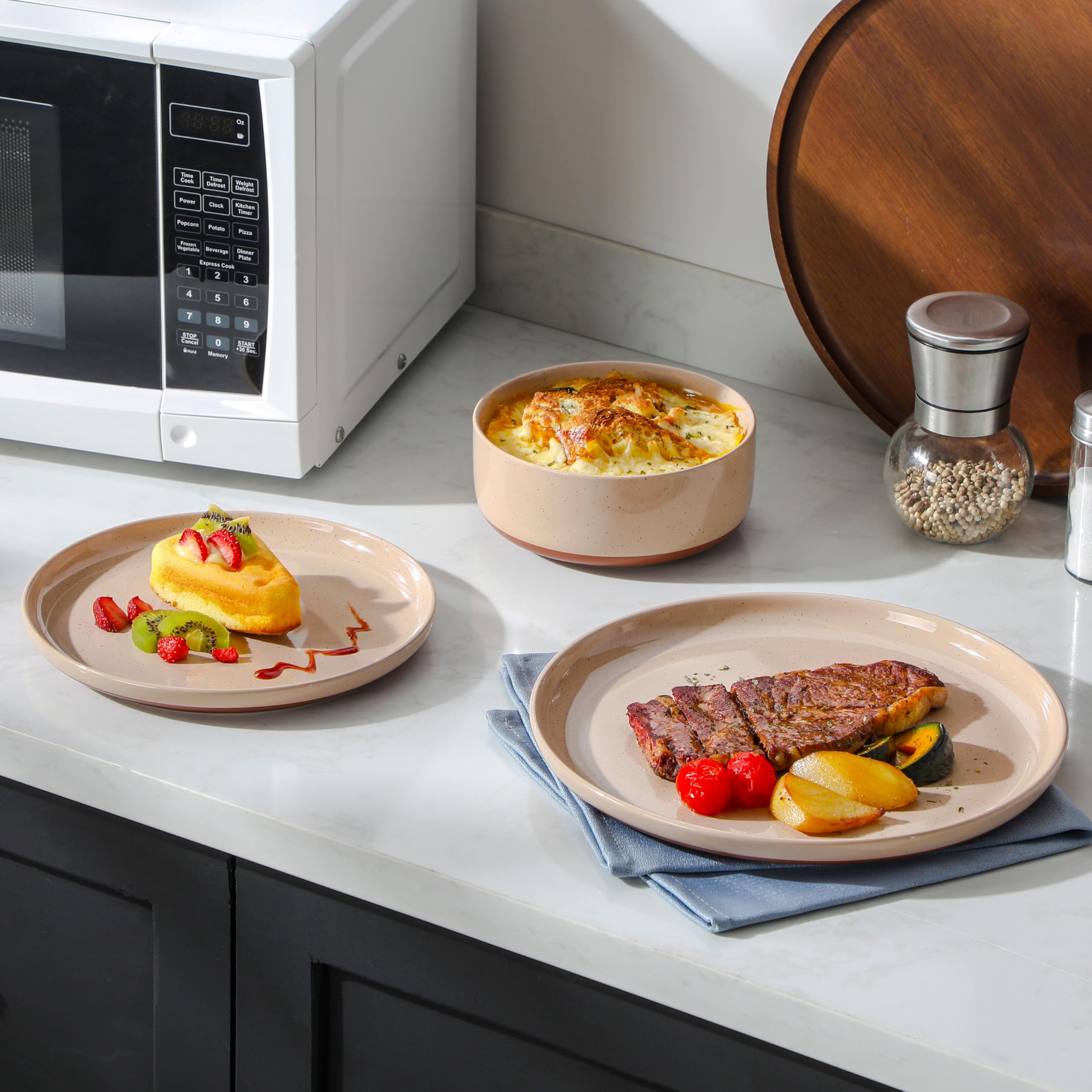 MALACASA Juego de platos y cuencos, juego de vajilla moderna de cerámica de 12 piezas para 4 platos de cocina, juego de vajilla de cerámica, apto para microondas y lavavajillas, rosa, serie TARA
