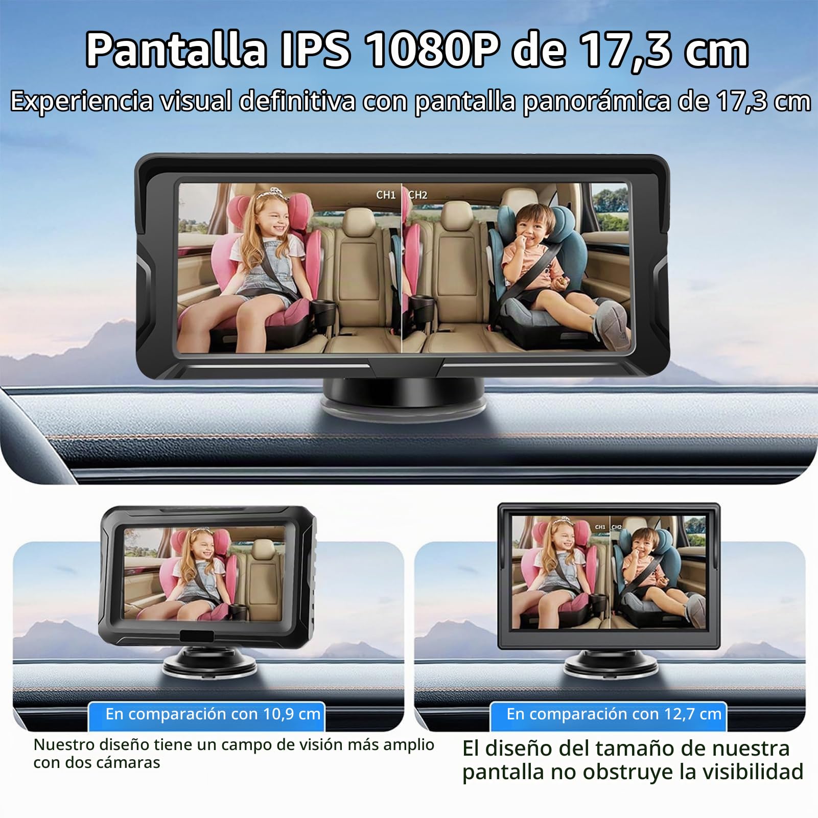 Shkalacar Camara Vigilancia Bebe Dual Canal de 6.8 Pulgadas 1080p con Visión Nocturna IR y ángulo de Visión de 150 ° de Ancho, Espejo Coche Bebe Rotativo para la Cara Trasera
